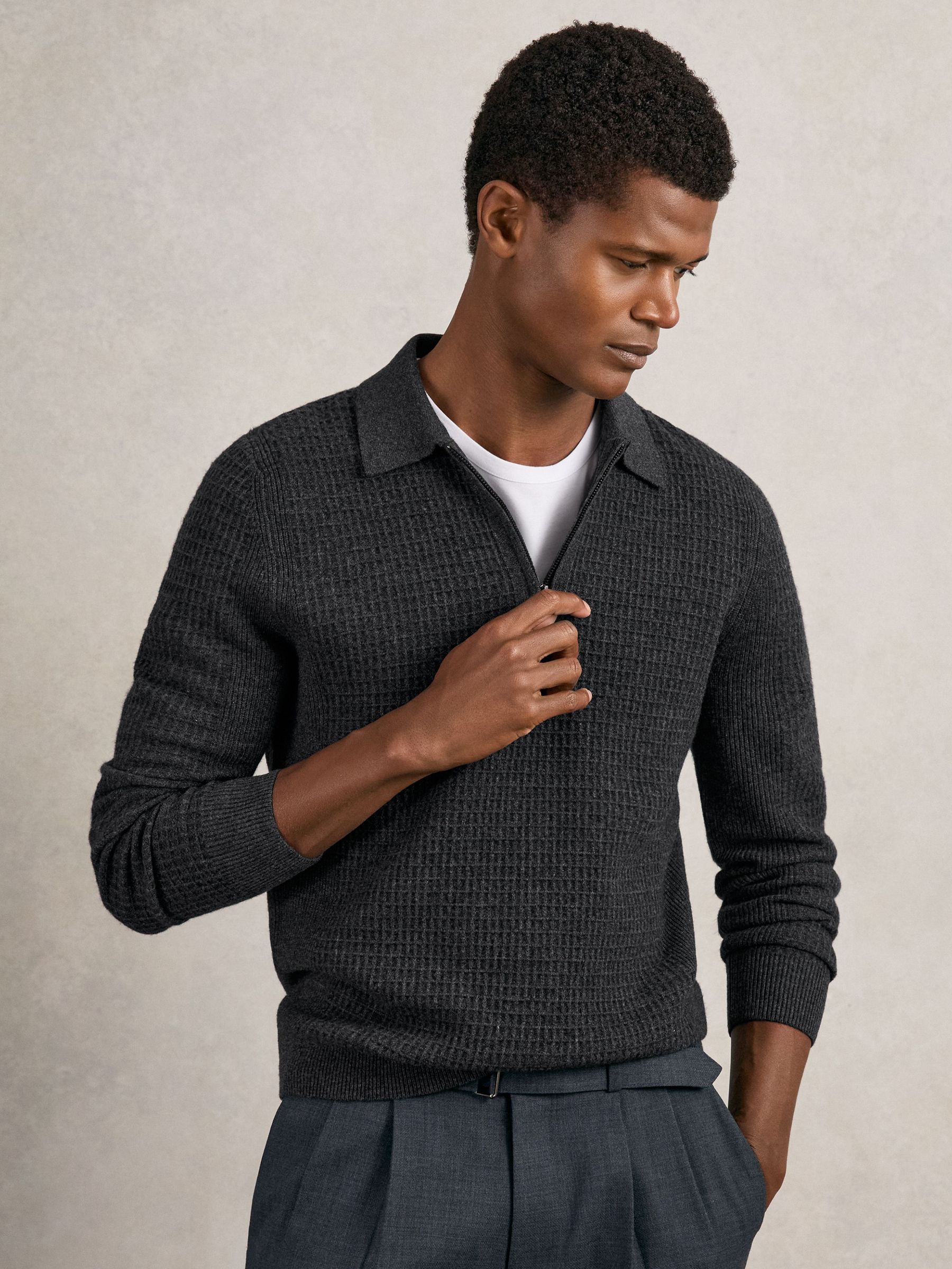 Wool Waffle-Knit Half-Zip Polo Shirt in Charcoal Grey (H27695) | 655 QAR