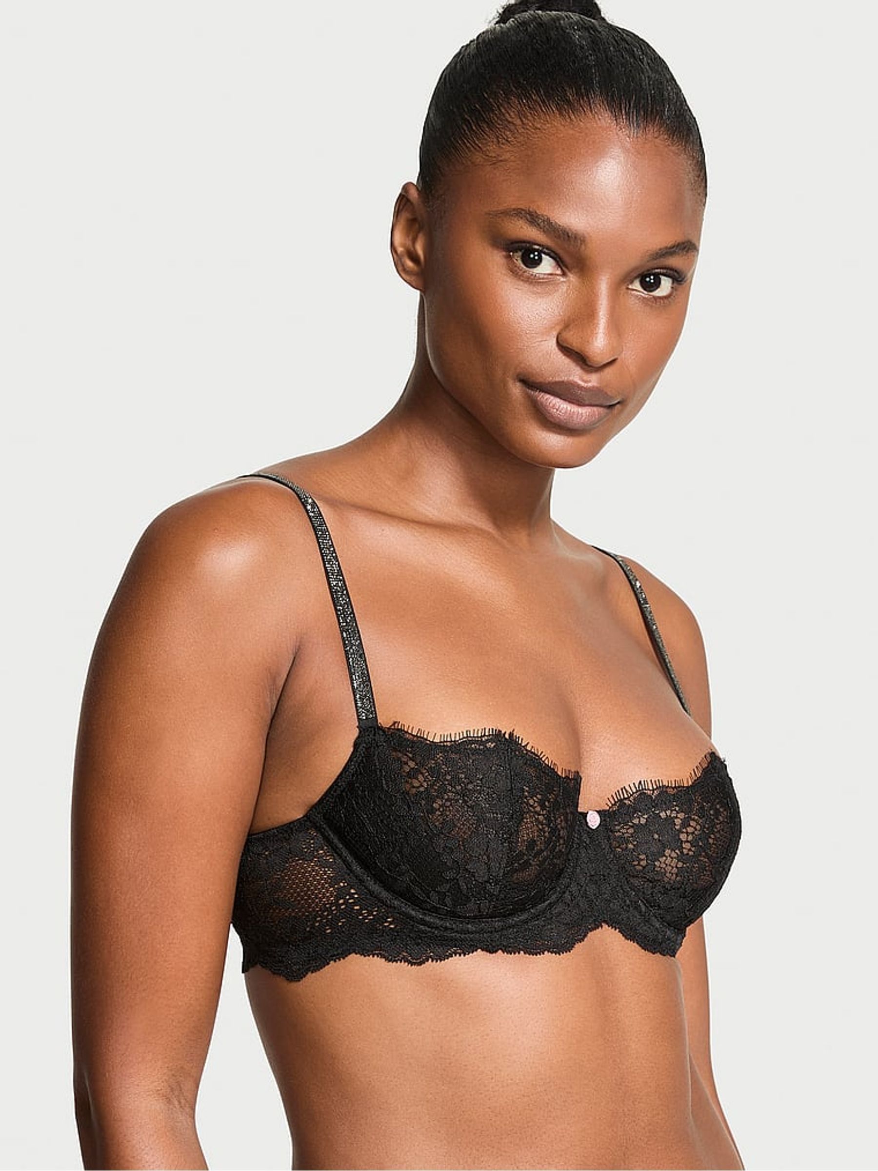 Black Unlined Balcony Twinkle Strap Lace Bra (H28366) | €62