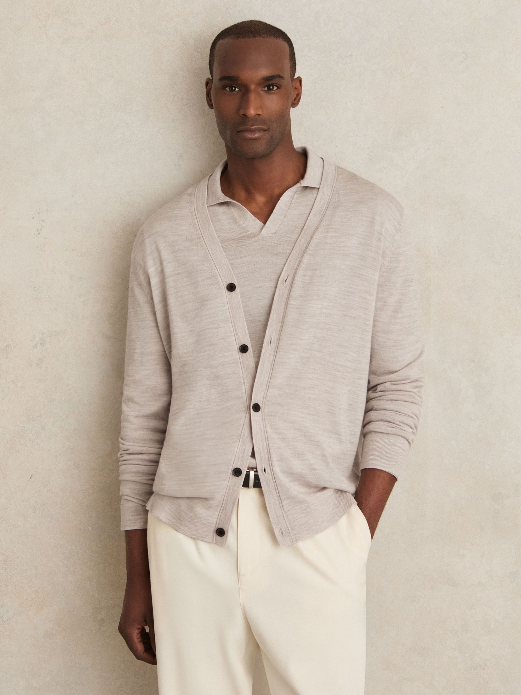 Merino Wool Button-Through Cardigan in Wicker Brown Melange (H29645) | 535 QAR