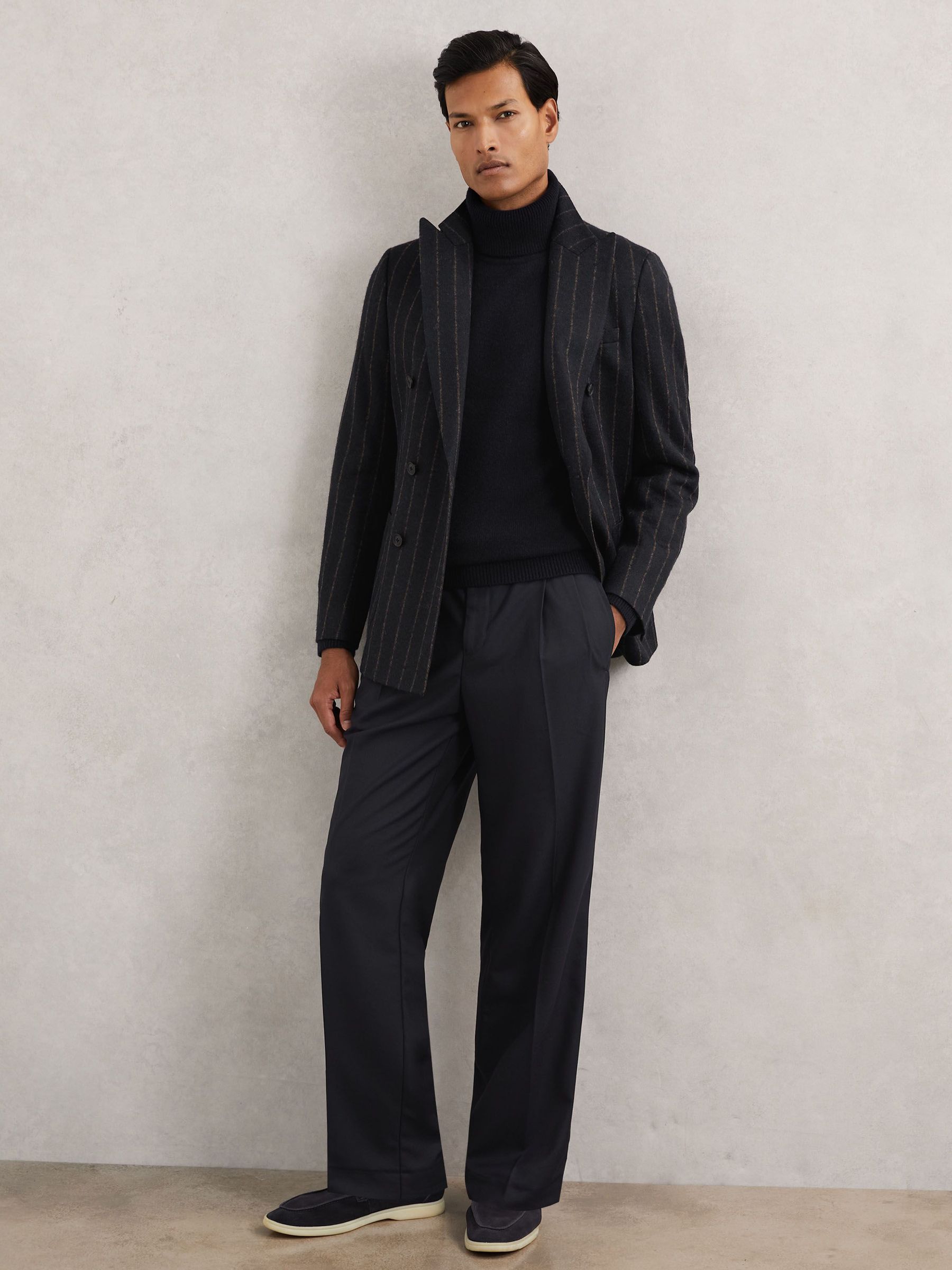 Wide Leg Pleated Drawstring Trousers in Navy (H29651) | 810 QAR