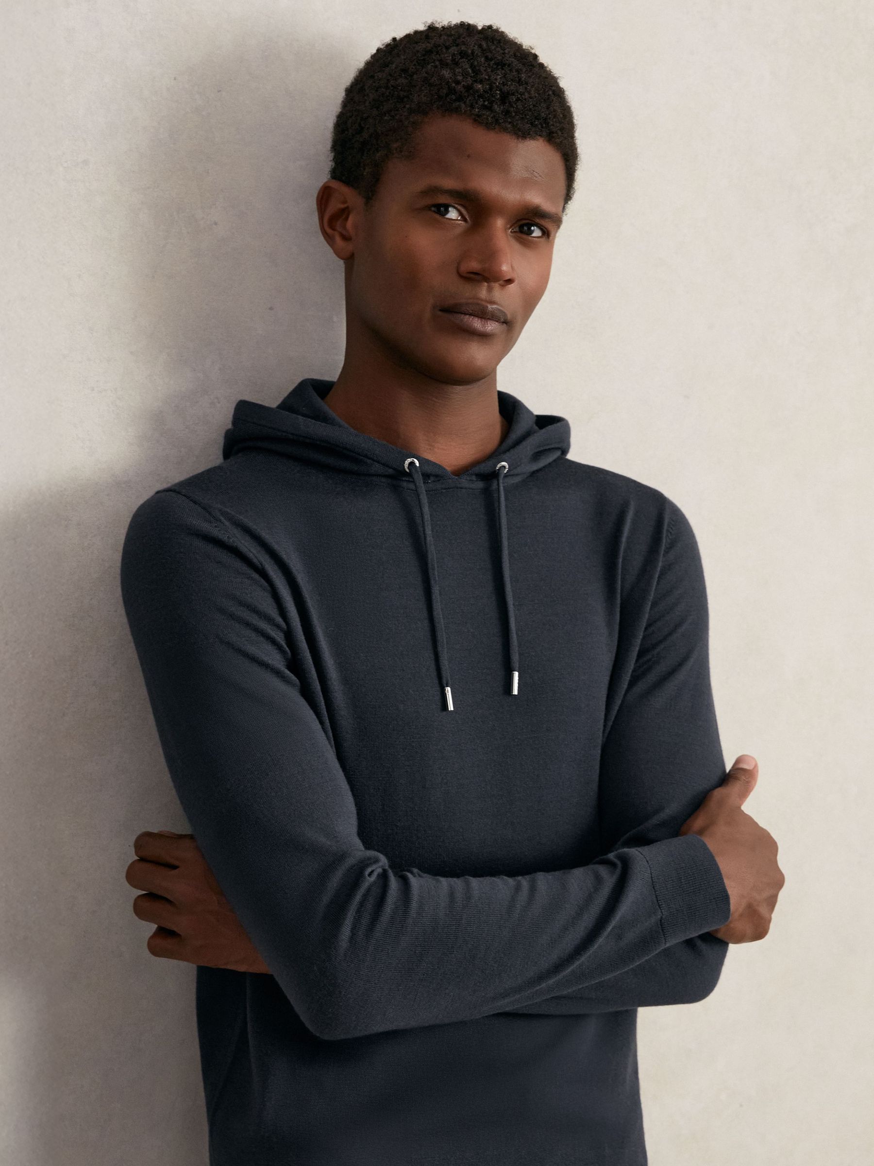 Merino Wool Drawstring Hoodie in Midnight Navy (H29662) | €130