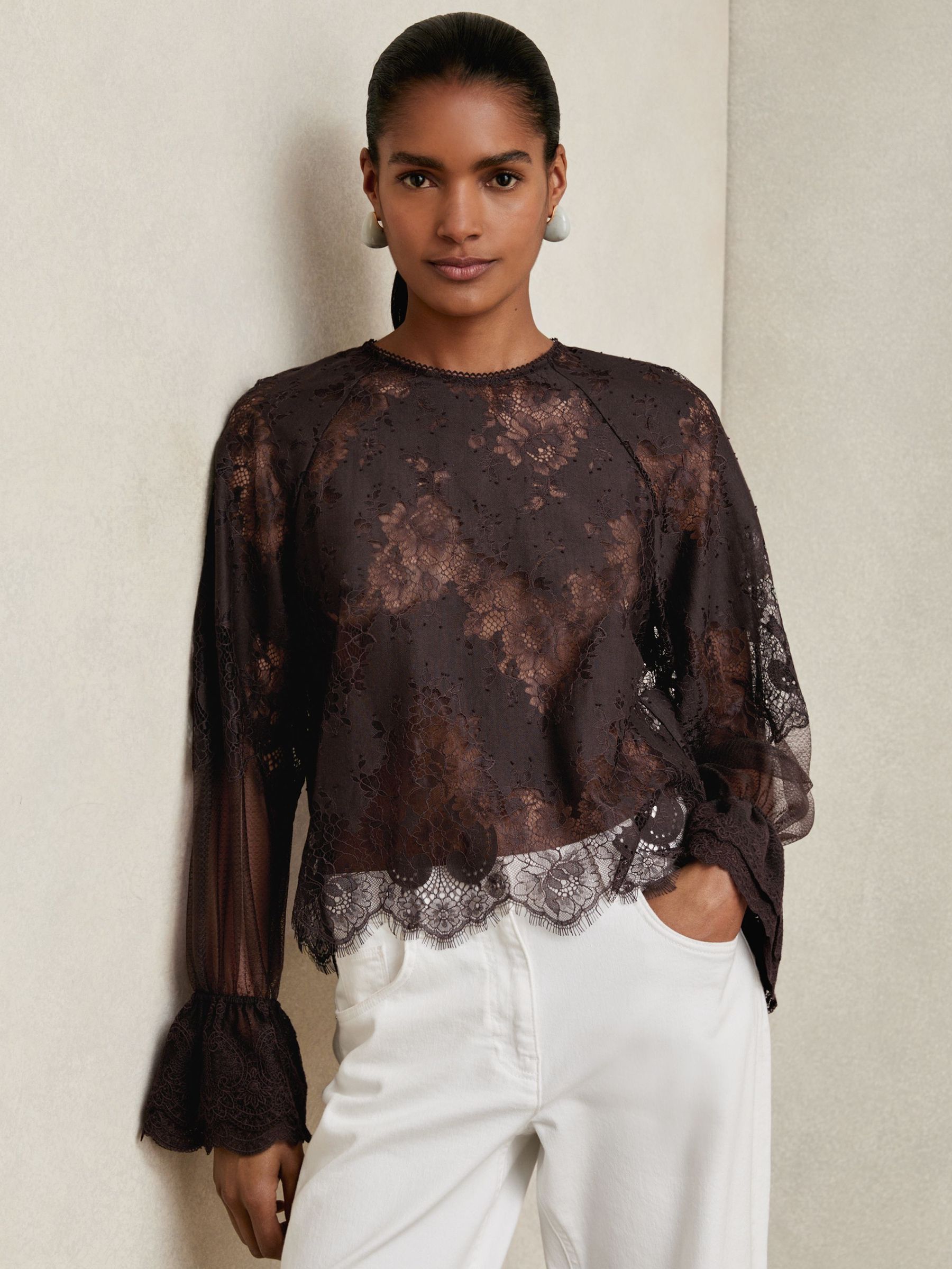Lace Flared Cuff Blouse in Chocolate Brown (H30096) | 1,020 SAR