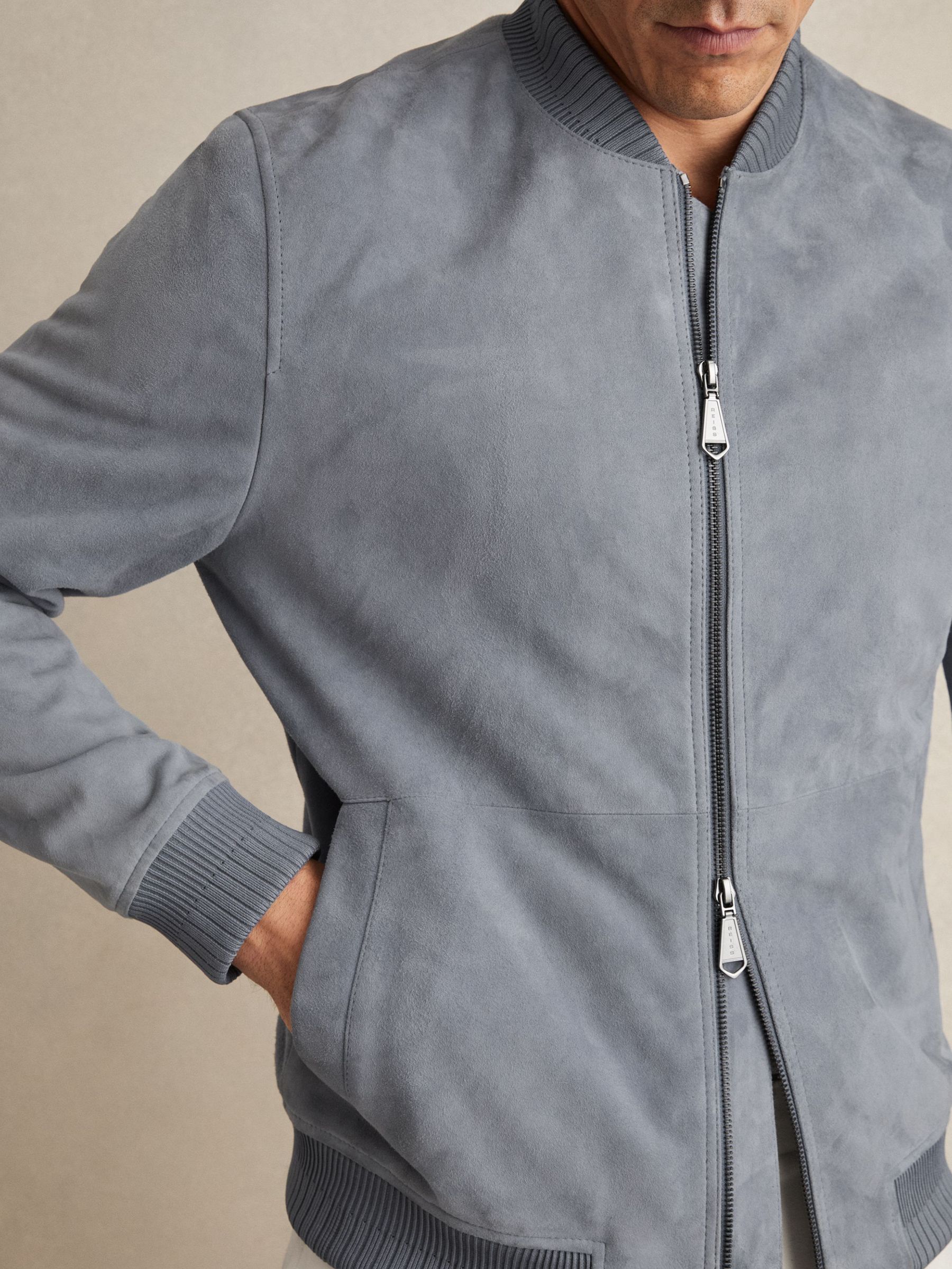 Suede Zip-Through Bomber Jacket in Denim Blue (H30187) | $680