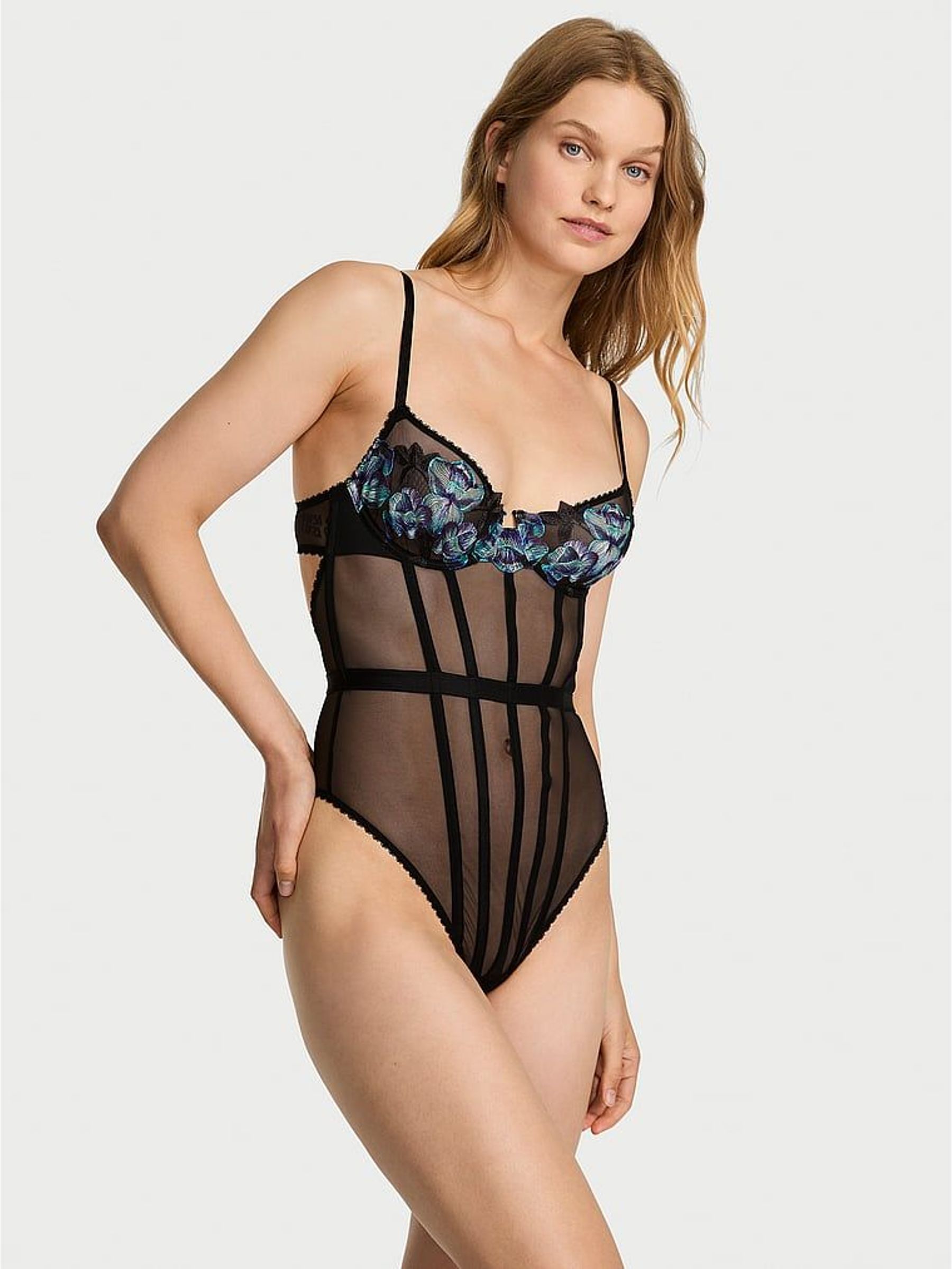 Electric Blue Orchid Embroidery Sheer Bodysuit (H30399) | €95