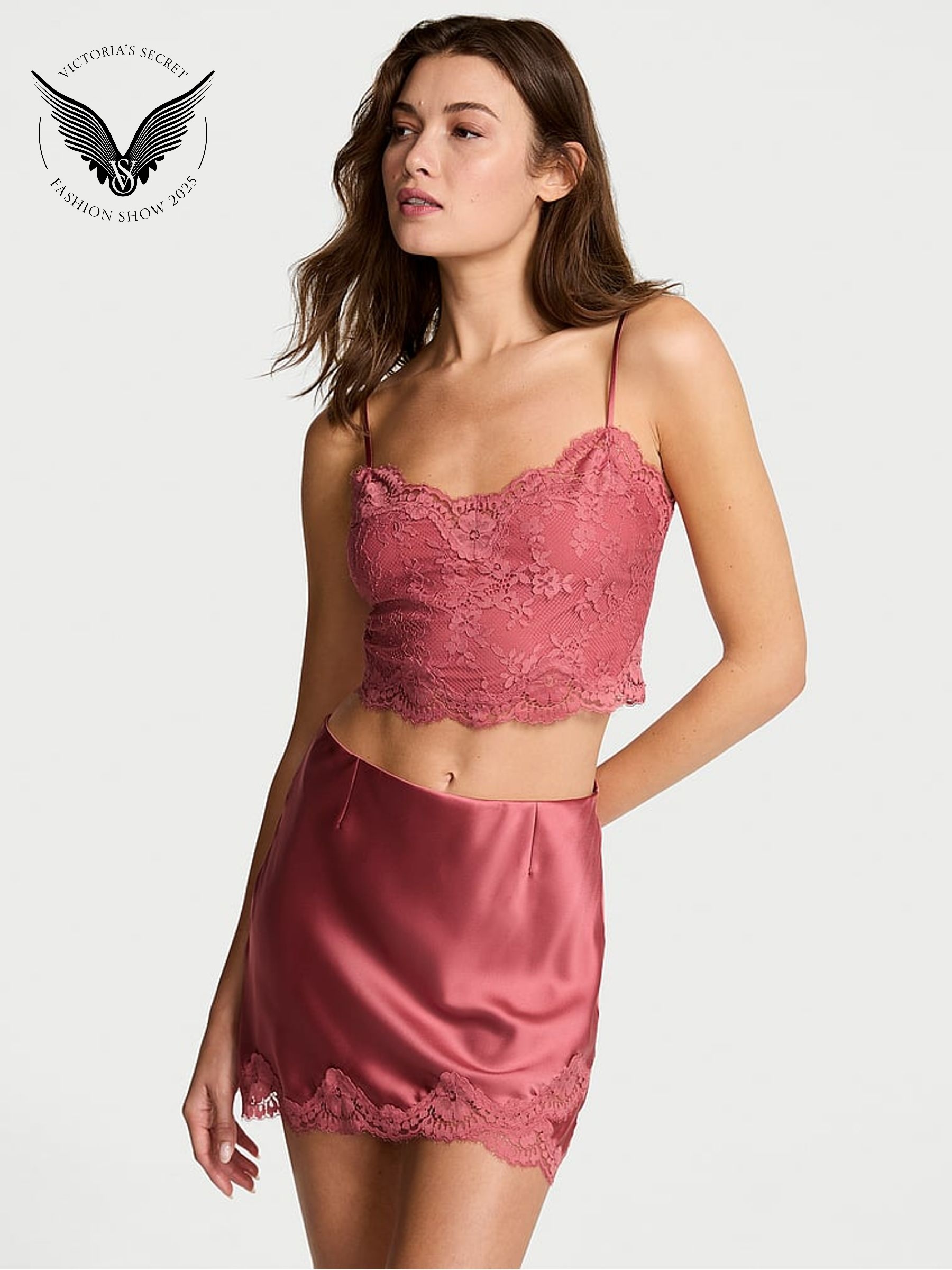 Seductive Rose Pink Satin Lace Cami and Mini Skirt Set (H30412) | €95