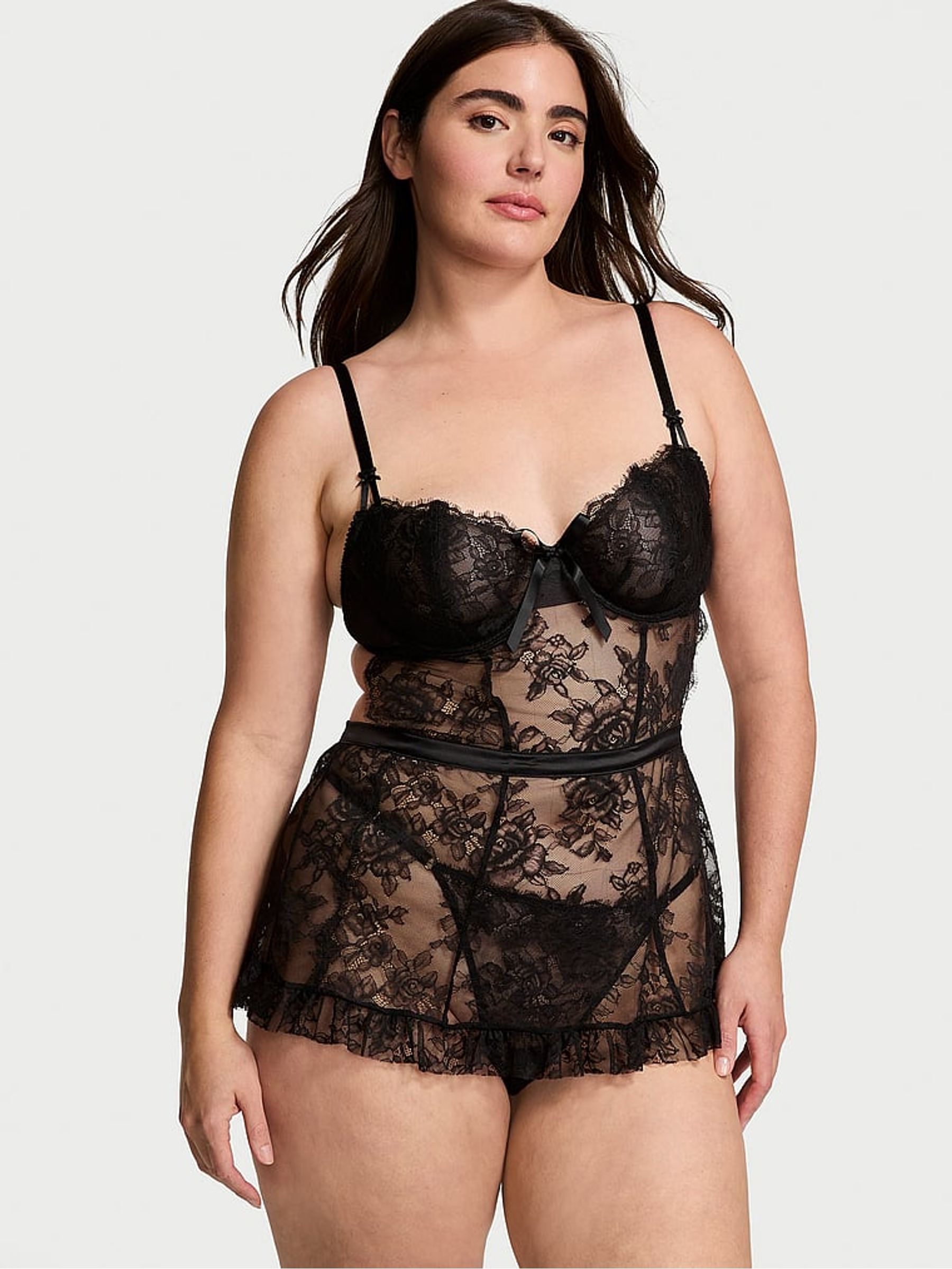 Black Lace Unlined Balcony Babydoll Set (H35344) | €95