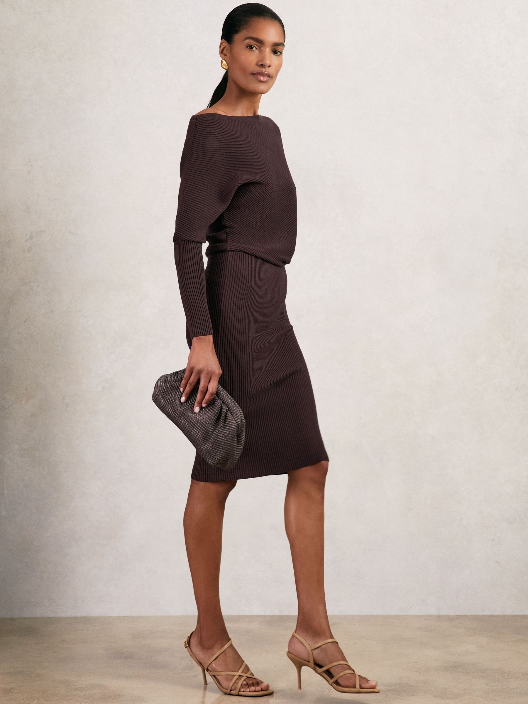 Off-The-Shoulder Ribbed Midi Dress in Plum Purple (H35748) | $295