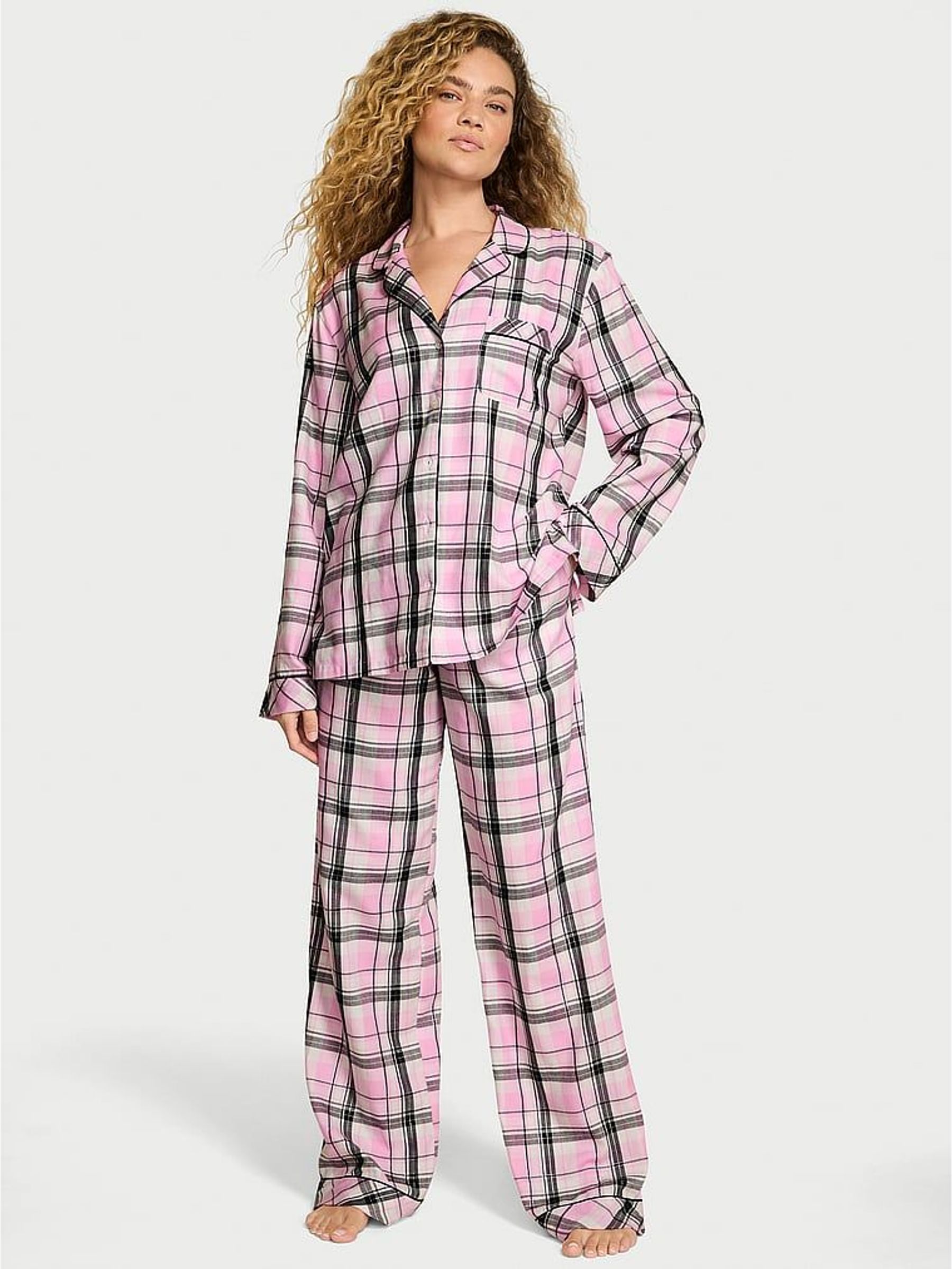 Coconut White/Black/Gold/Pink Plaid Flannel Long Pyjamas Set (H37849) | €62