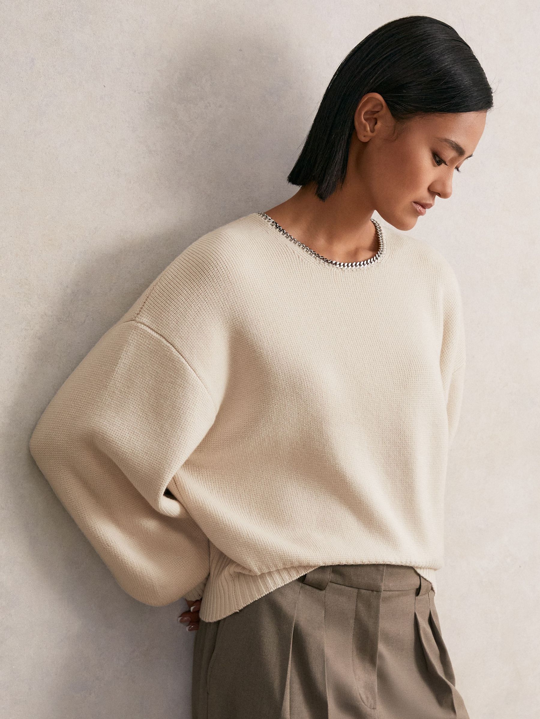 Wool-Blend Necklace-Trim Jumper with Cashmere in Cream (H39789) | AED960