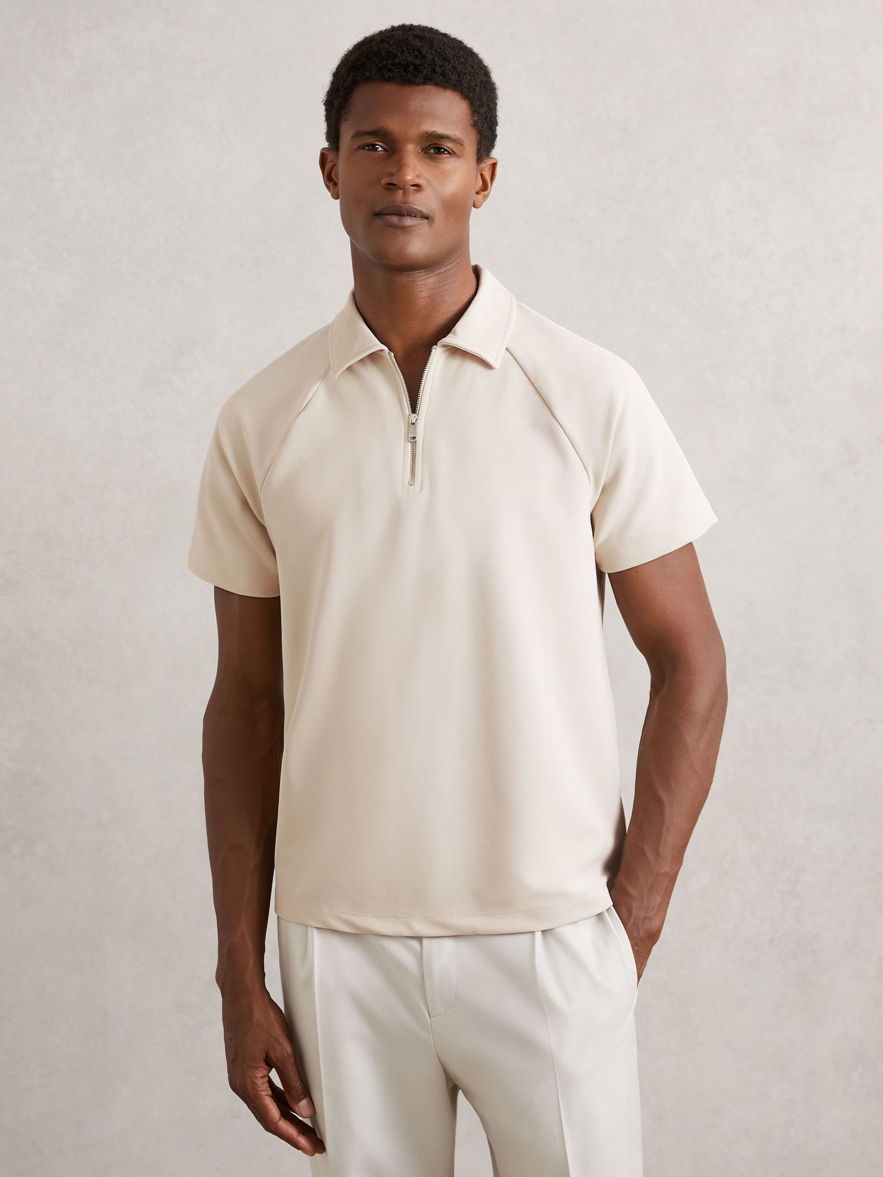 Textured Raglan Half-Zip Polo Shirt in Stone (H39802) | $135