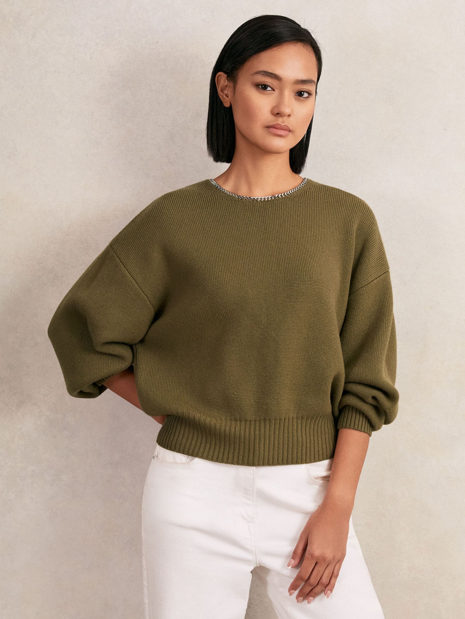 Wool-Blend Necklace-Trim Jumper with Cashmere in Sage Green (H39813) | AED960