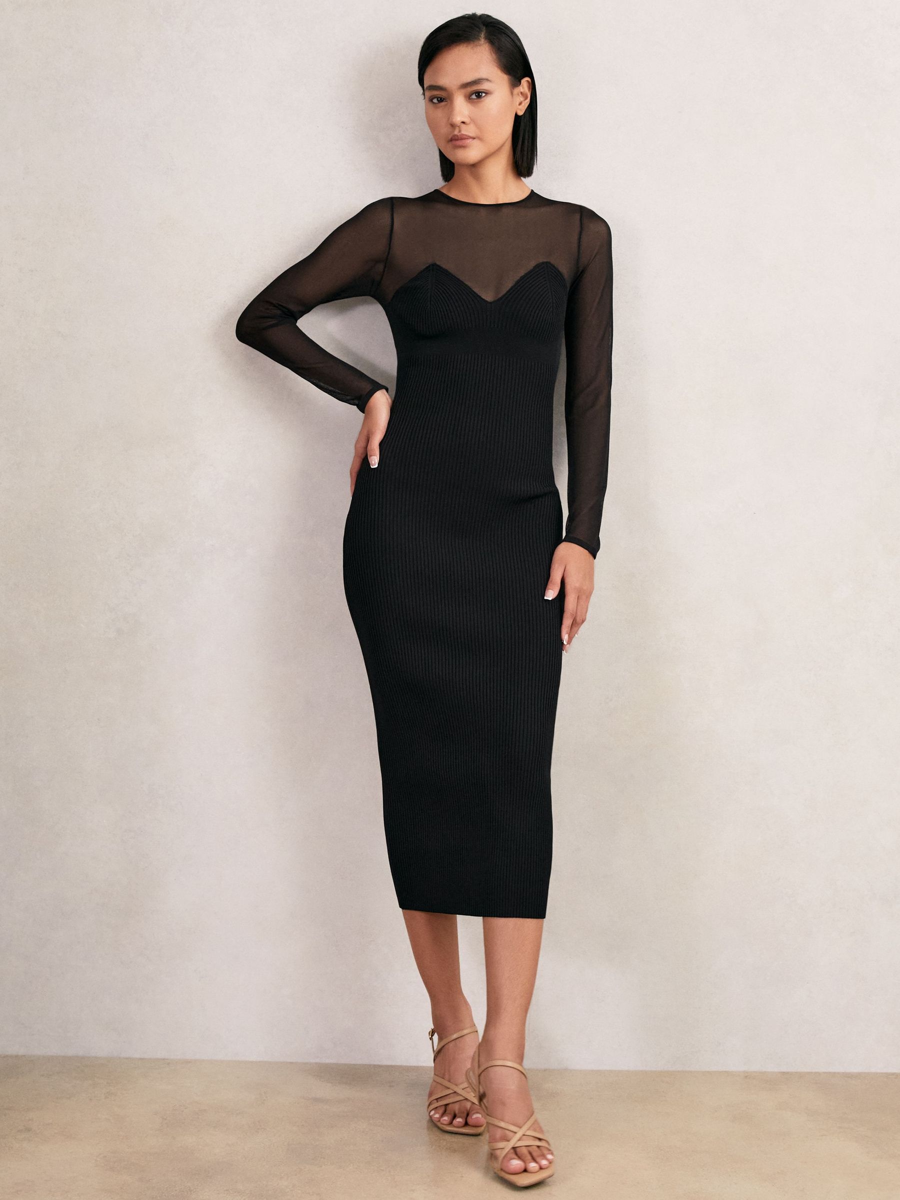 Mesh Rib-Knit Sweetheart Midi Dress in Black (H42055) | 980 QAR