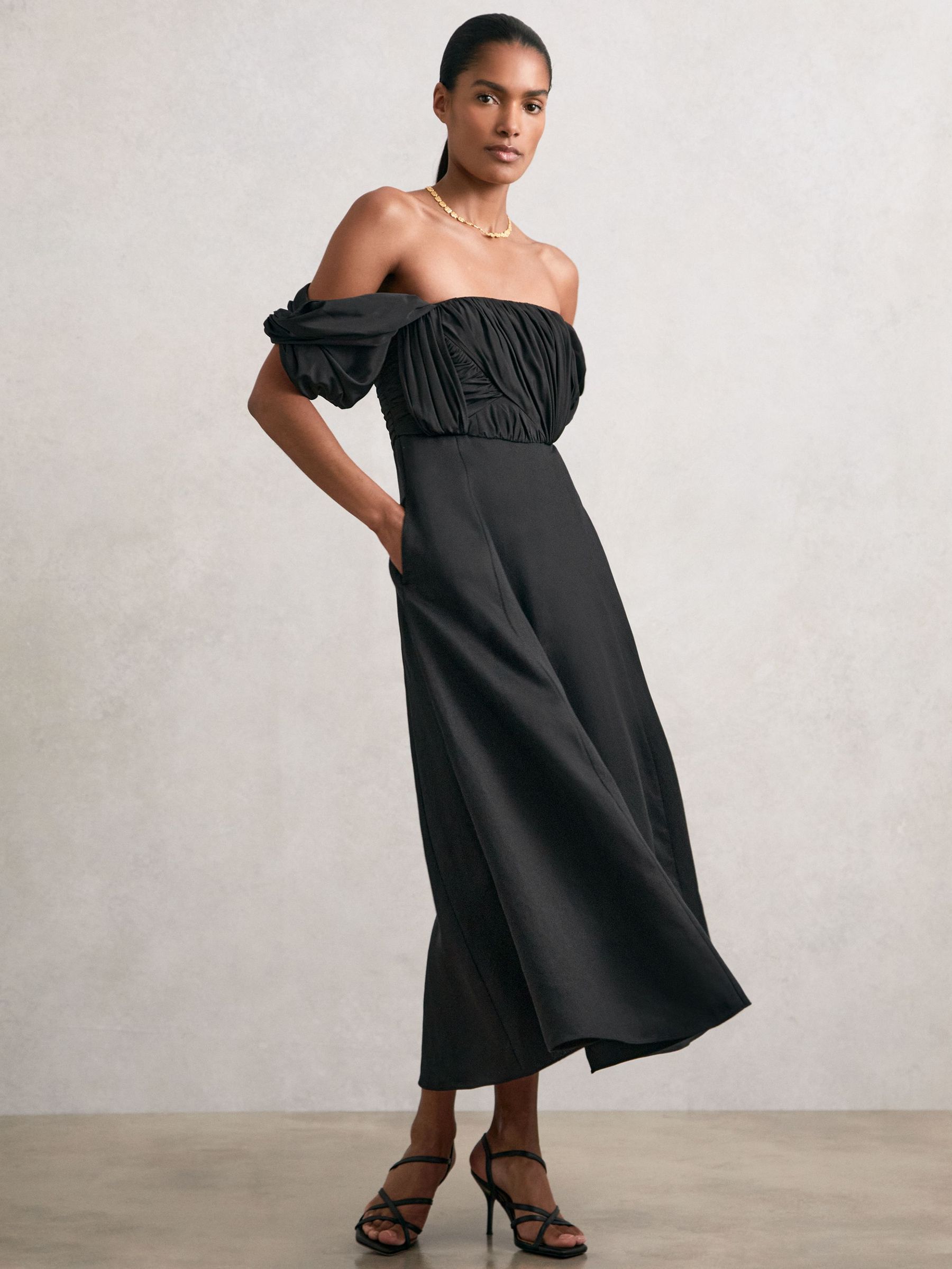 Bardot Sculpted Bodice Midi Dress With Linen in Black (H42071) | 1,465 SAR