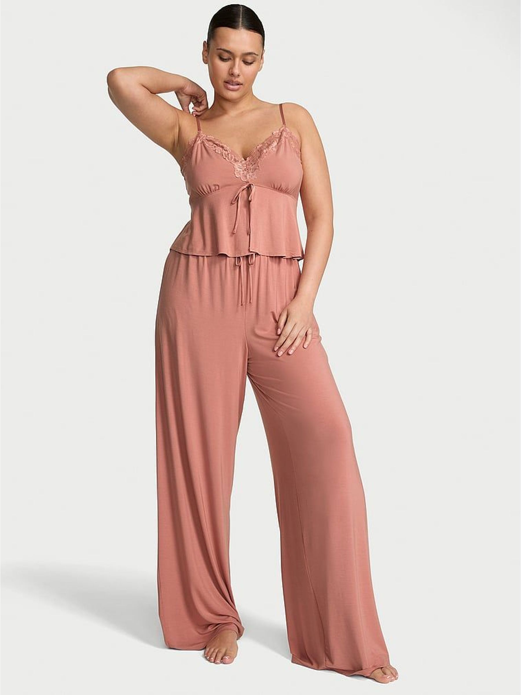 Desert Blush Brown Modal Lace Trim Cami & Wide Leg Trouser Set (H43287) | €87