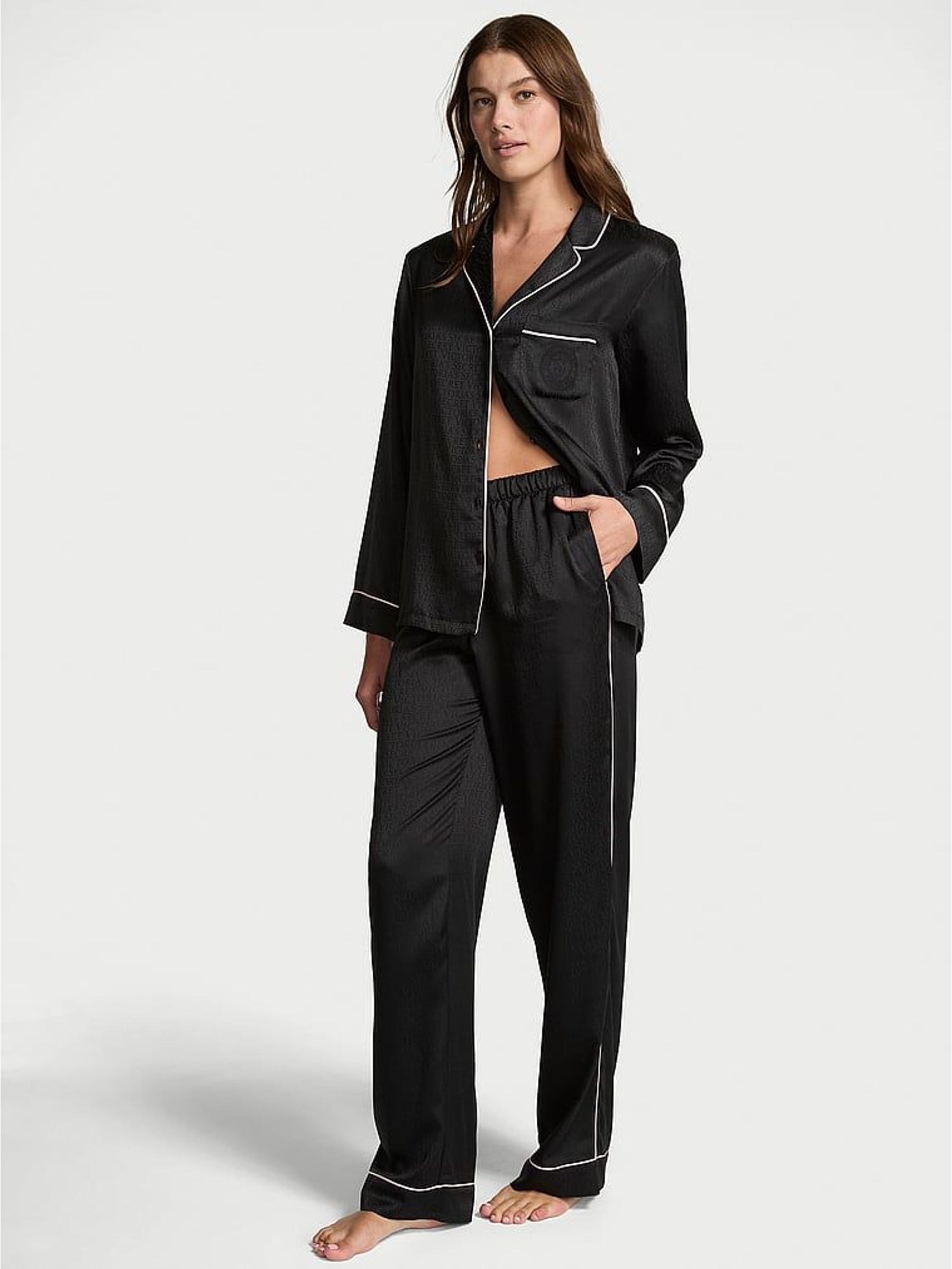 Black Logo Jacquard Satin Long Pyjamas Set (H43790) | €87