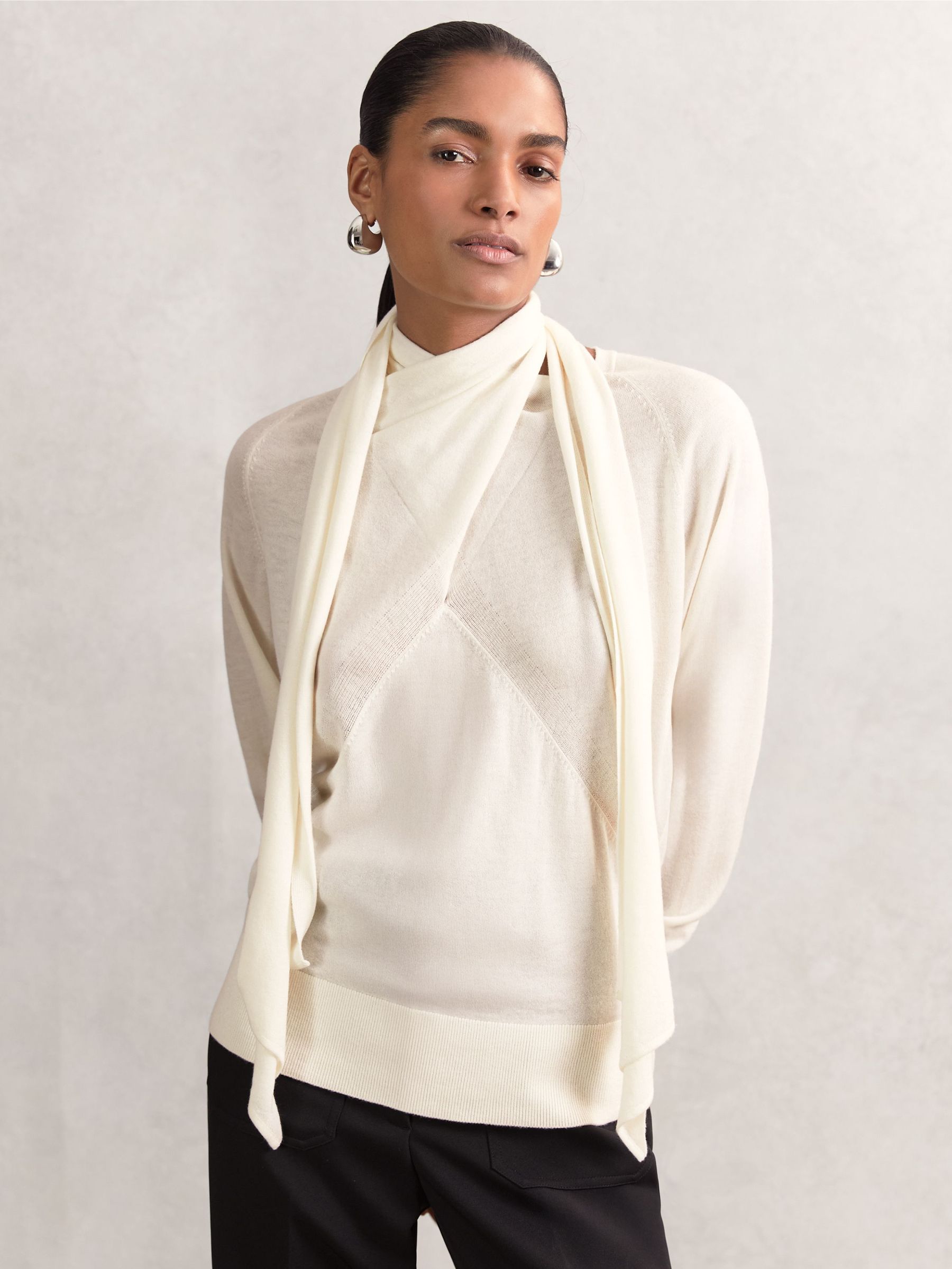 Wool Scarf-Tie Draped Jumper in Cream (H44693) | 600 QAR