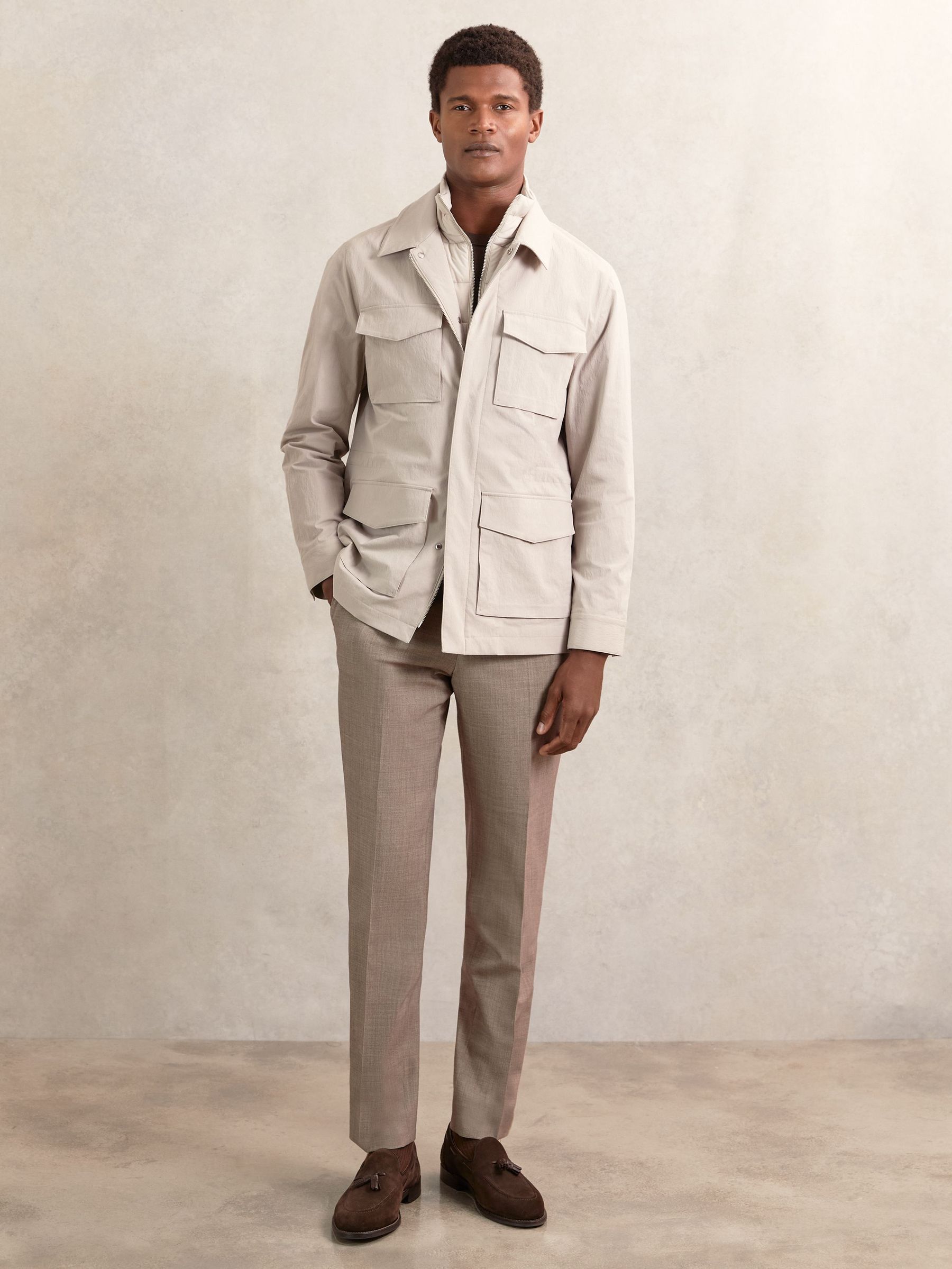 Removable-Gilet Safari Jacket in Stone (H44701) | $595