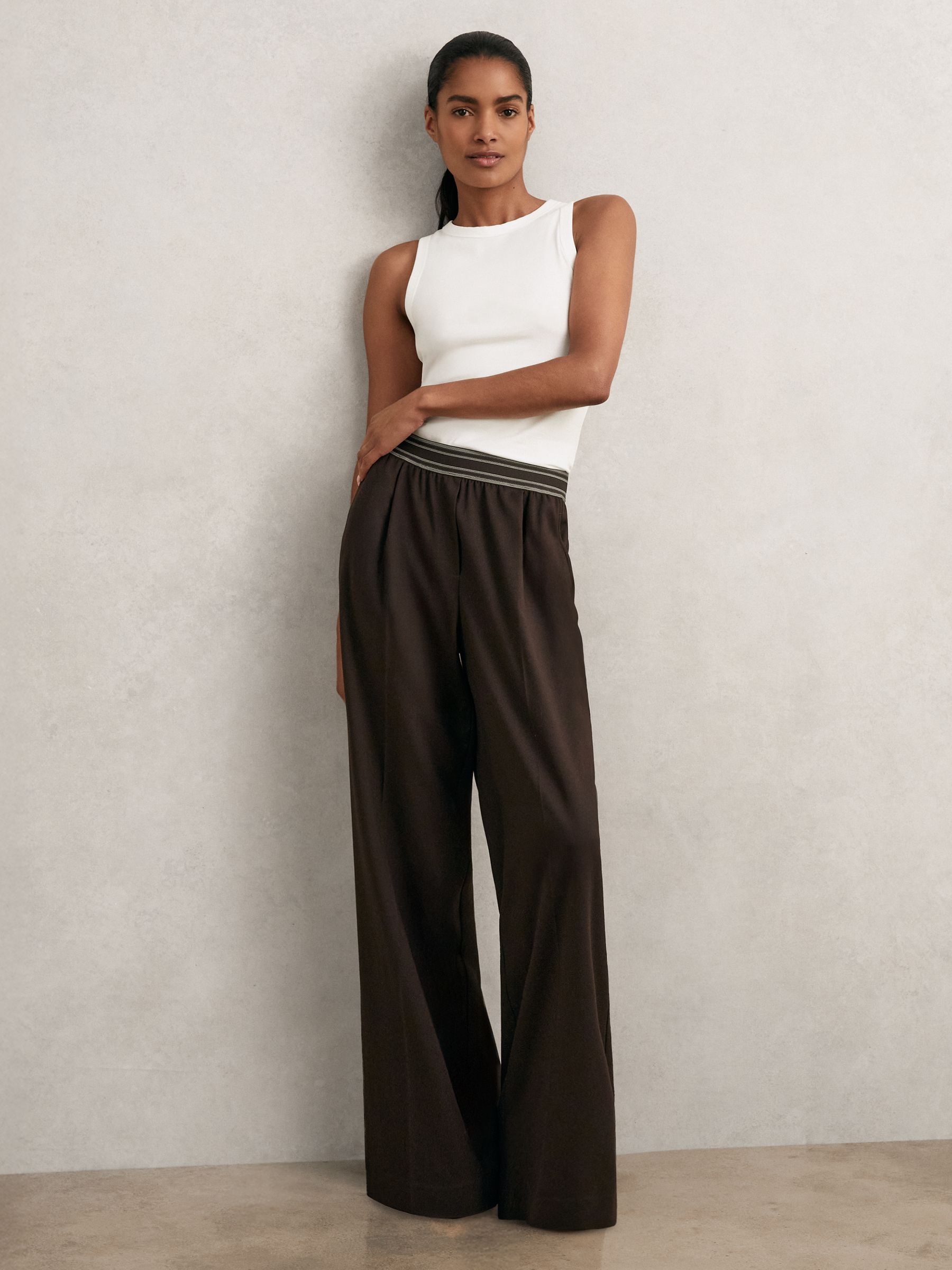 Wide-Leg Contrast-Waistband Trousers in Chocolate Brown (H44712) | 820 QAR