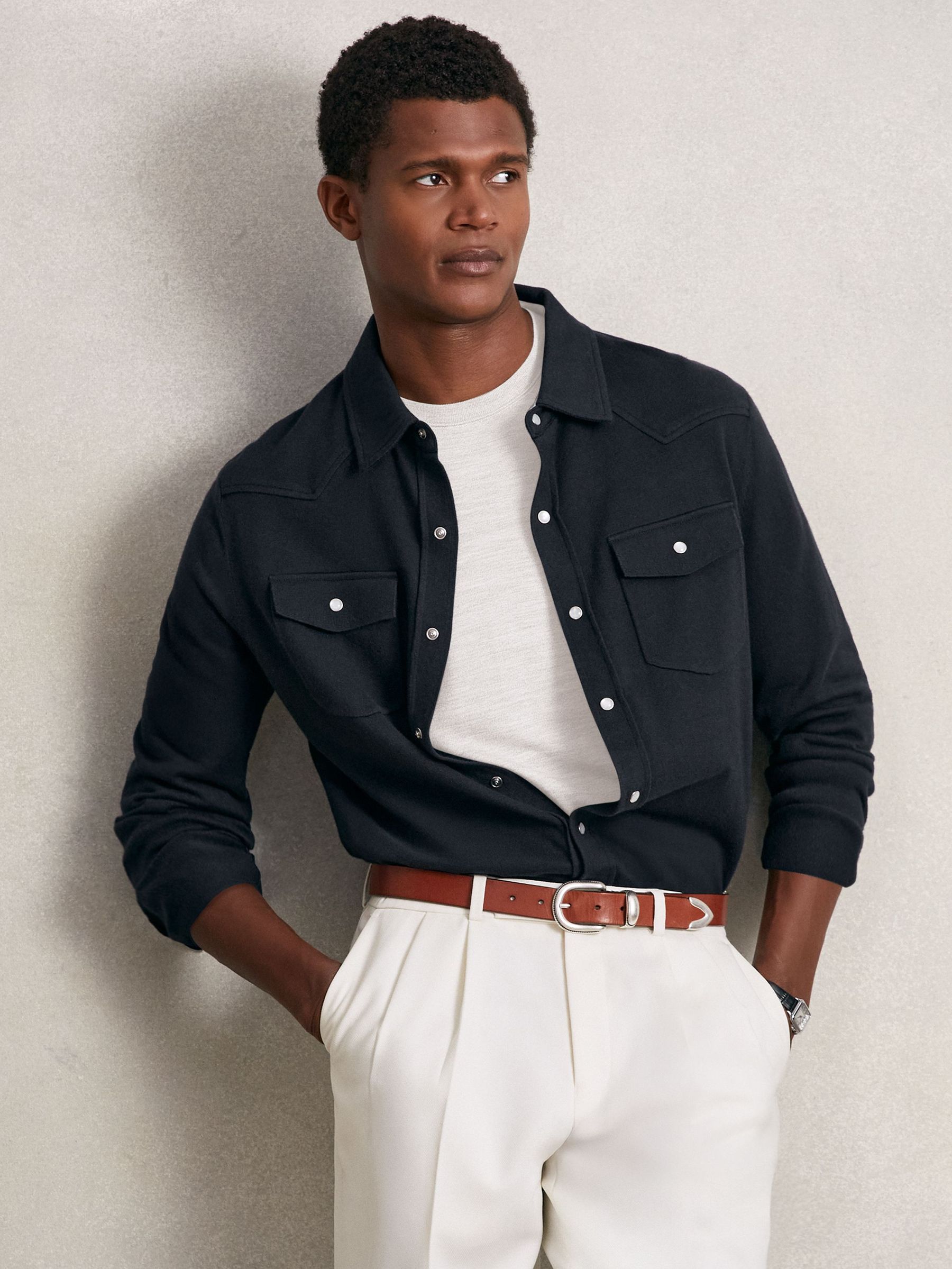 Cotton-Cashmere Western Knitted Shirt in Navy (H44730) | 950 SAR