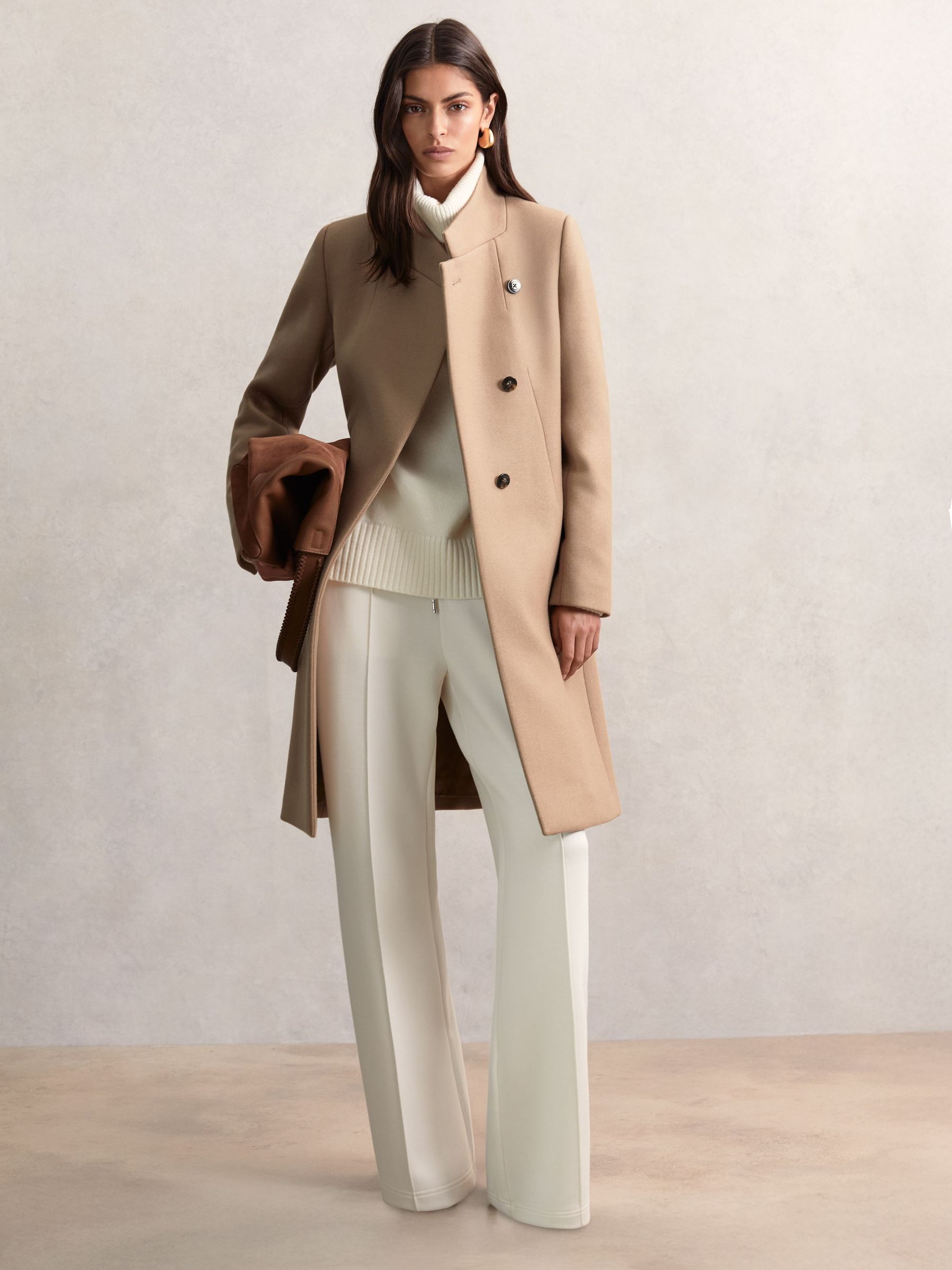 Wool-Blend Wrapover Mid-Length Coat in Camel (H44732) | 1,850 QAR