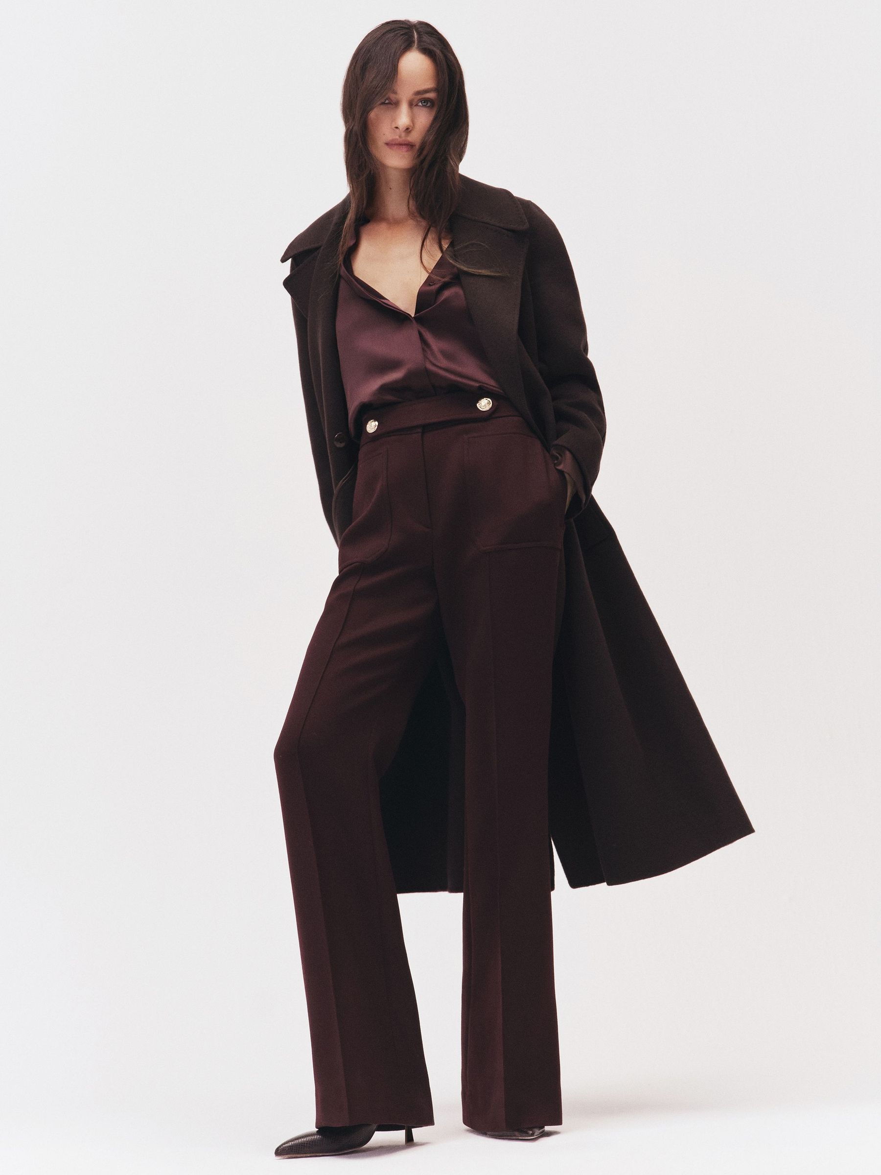 Twill Button-Tab Flared Trousers With Wool in Burgundy (H44737) | 1,035 QAR
