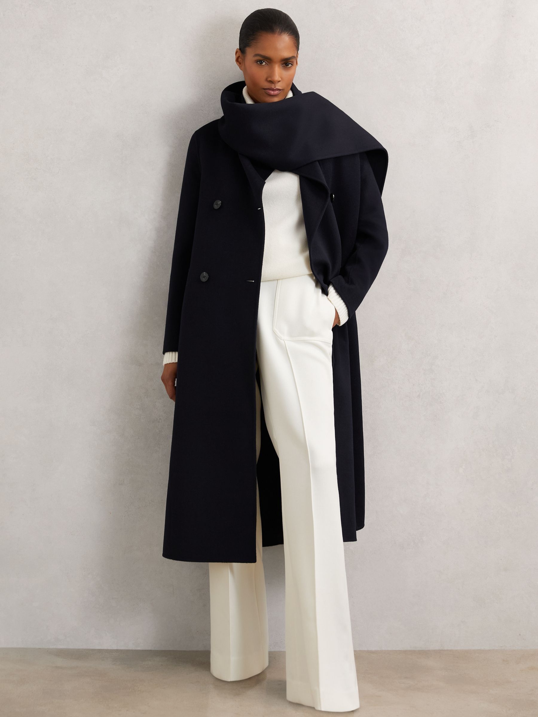 Wool-Blend Scarf Blindseam Coat in Navy (H44750) | $810