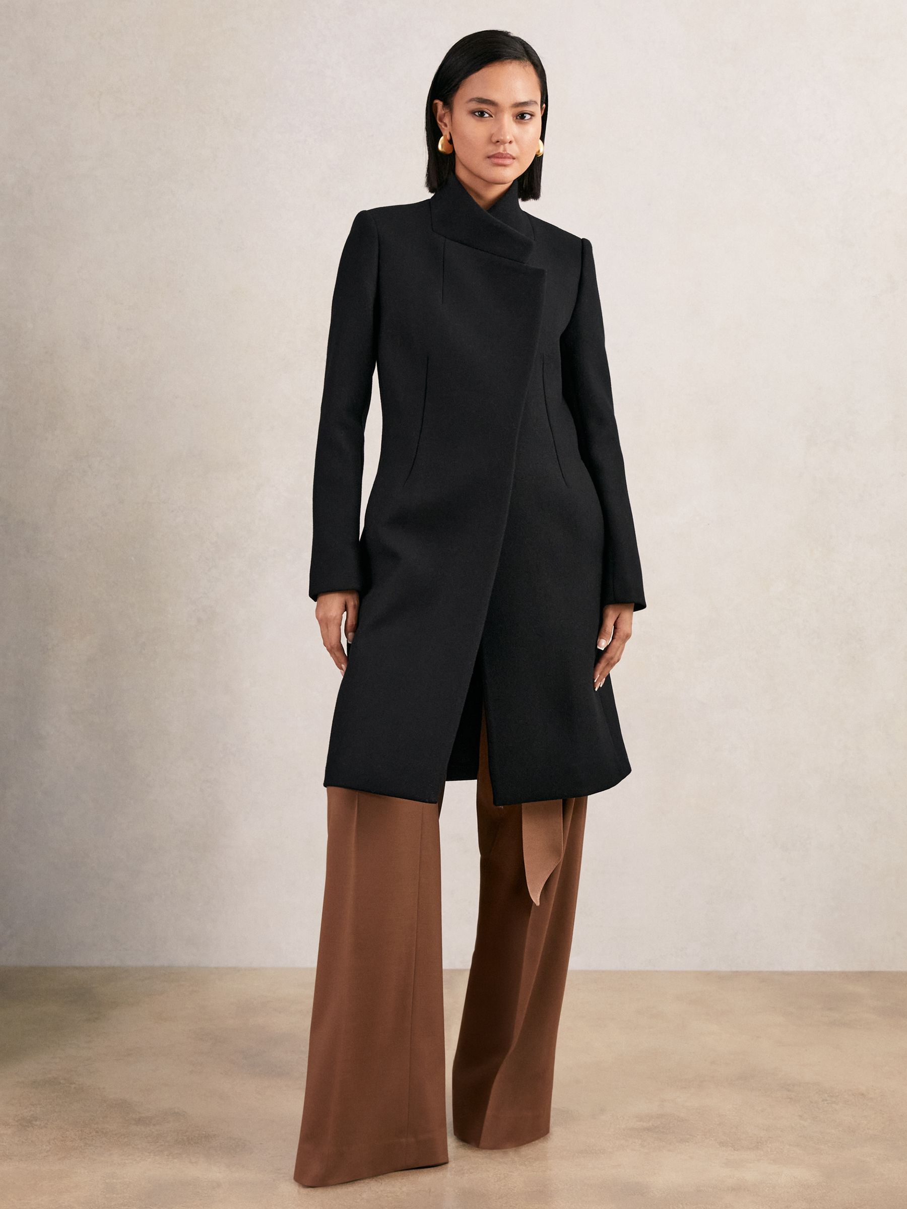 Petite Wool-Blend Wrapover Mid-Length Coat in Black (H44754) | AED2,060