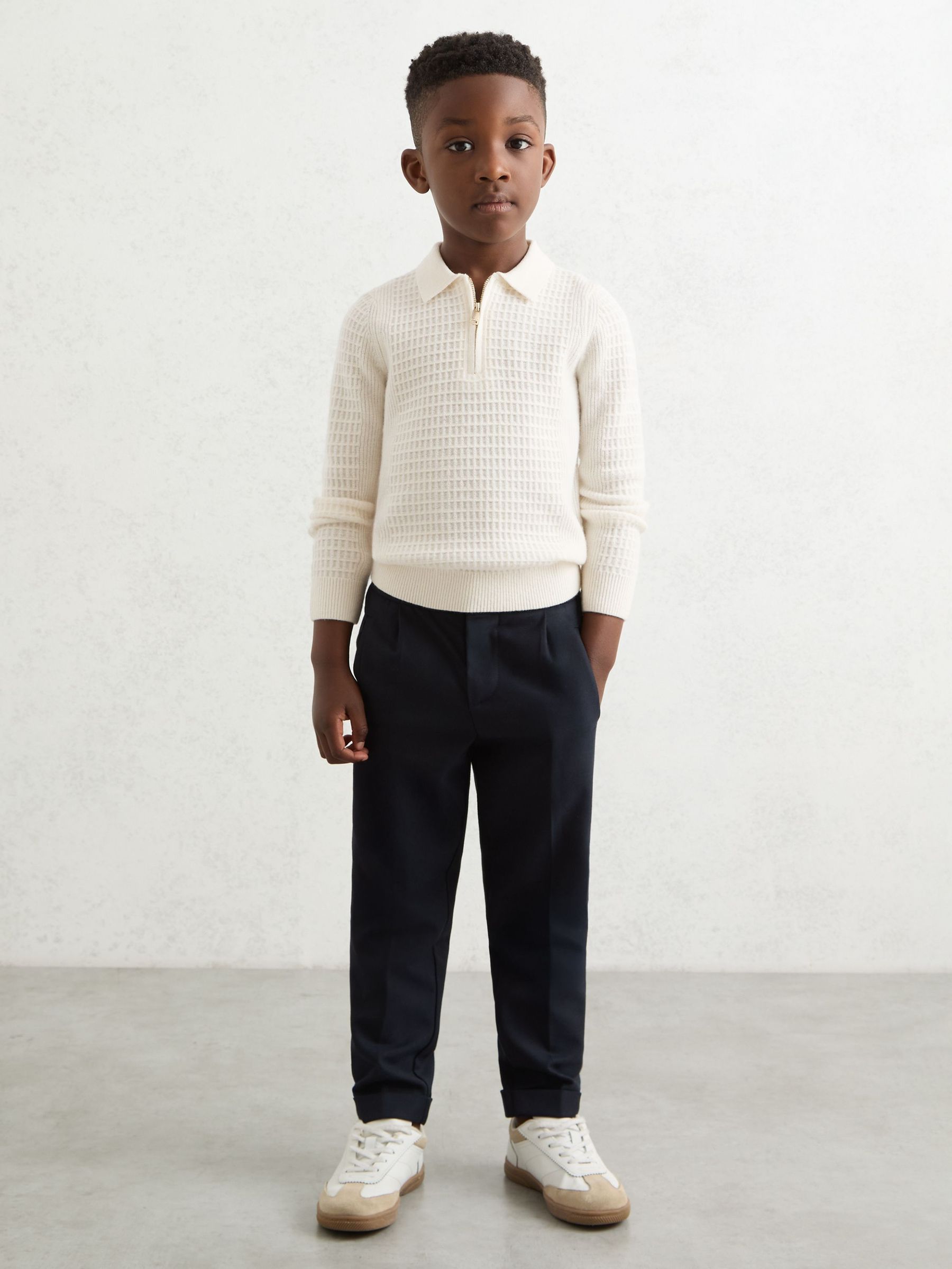 9-13 yrs Wool Waffle-Knit Half-Zip Polo Shirt in Off White (H47153) | $75