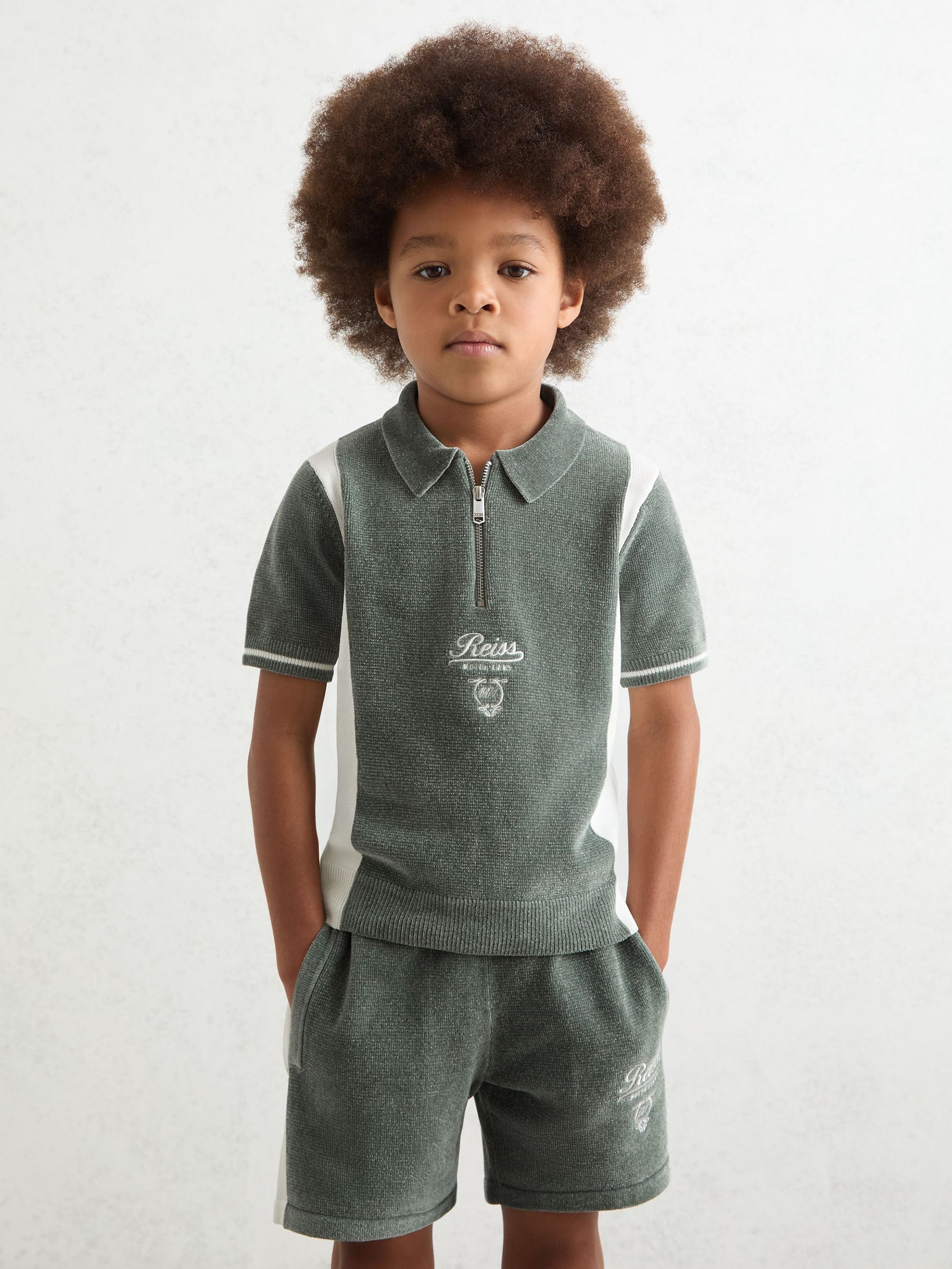 3-9 yrs Chenille Tipped Motor Cars Polo Shirt in Dark Sage Green/White (H47156) | $75