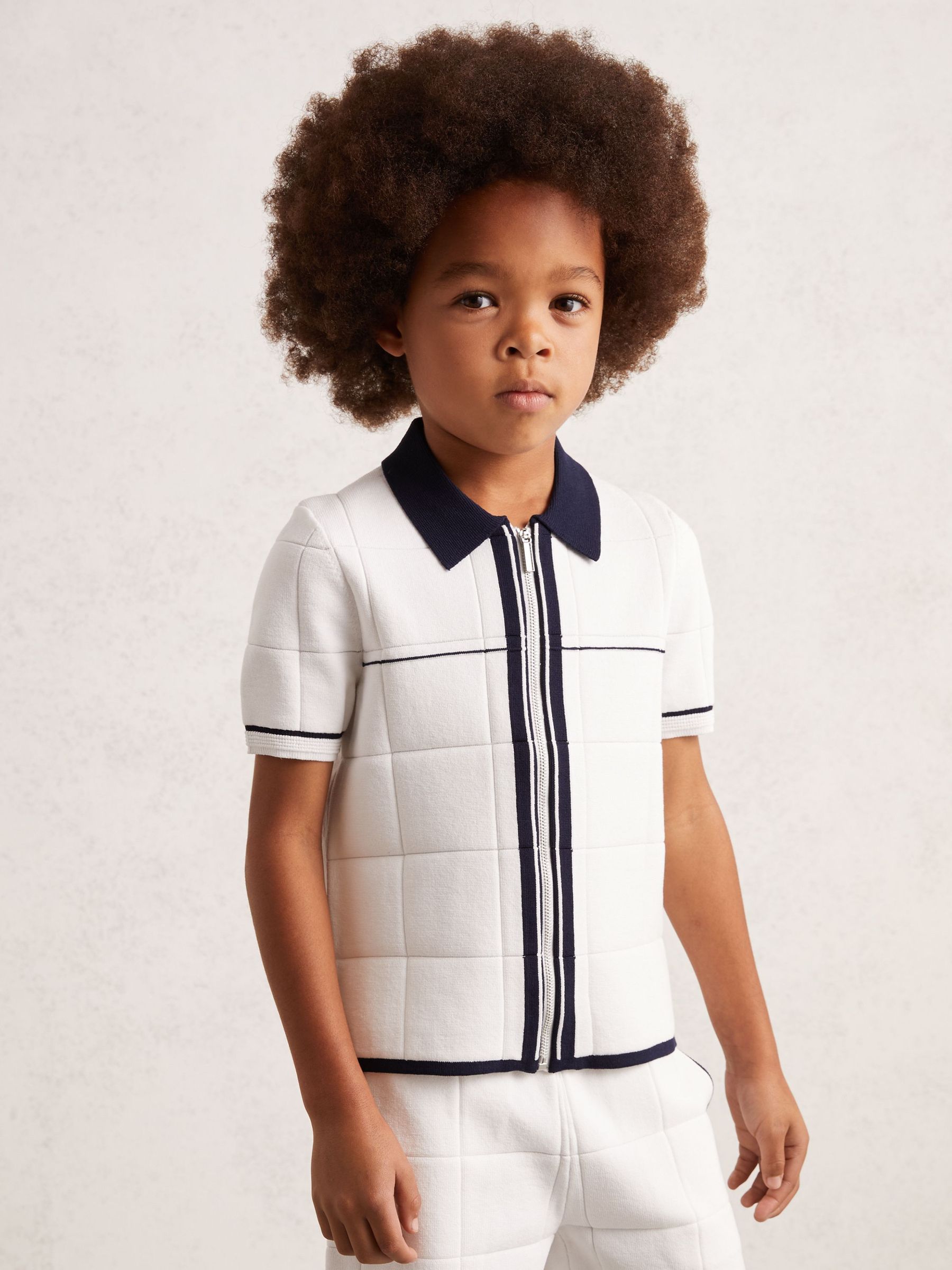 9-13 yrs Tipped Knit Zip-Through Shirt in White/Navy (H47164) | €32