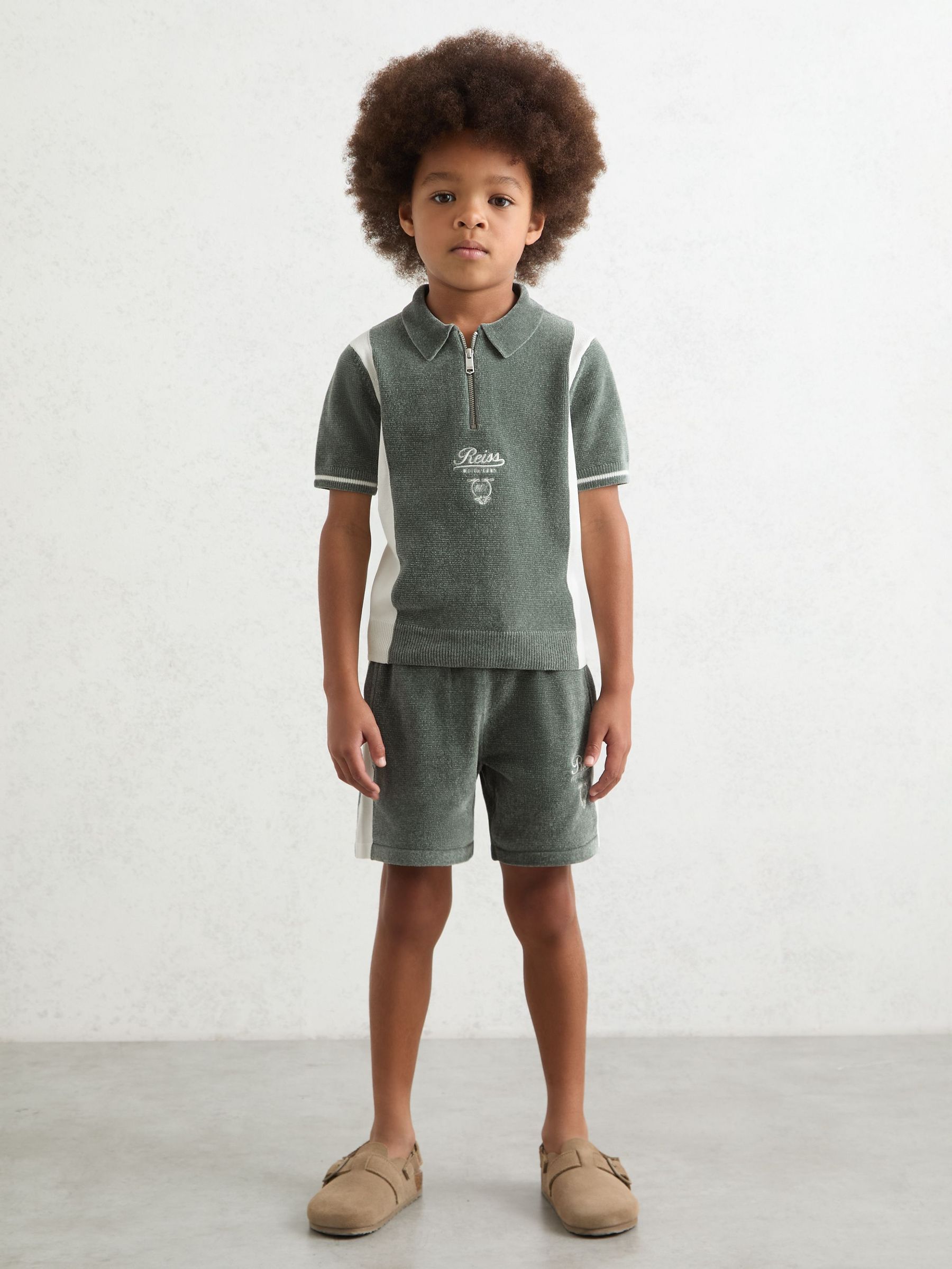 3-9 yrs Chenille Tipped Motor Cars Shorts in Dark Sage Green/White (H47166) | €55