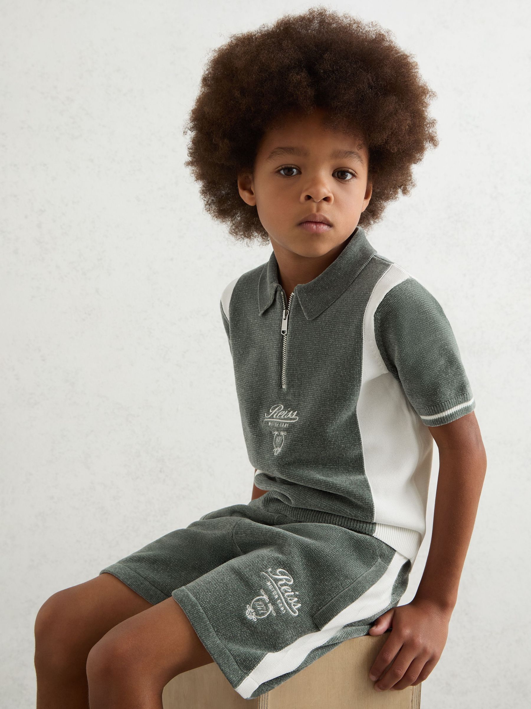 9-13 yrs Chenille Tipped Motor Cars Shorts in Dark Sage Green/White (H47169) | ₪265