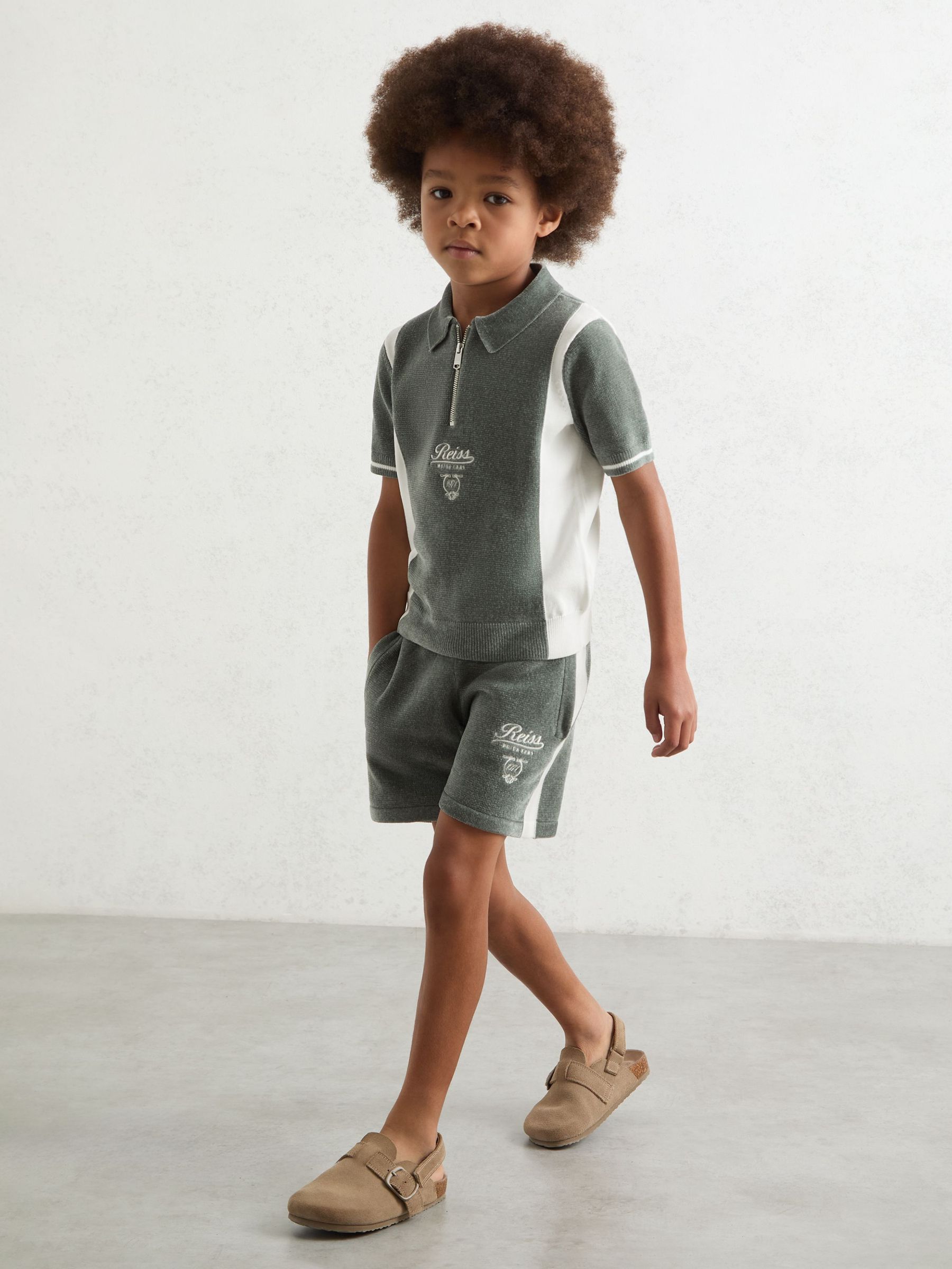 9-13 yrs Chenille Tipped Motor Cars Polo Shirt in Dark Sage Green/White (H47174) | $80