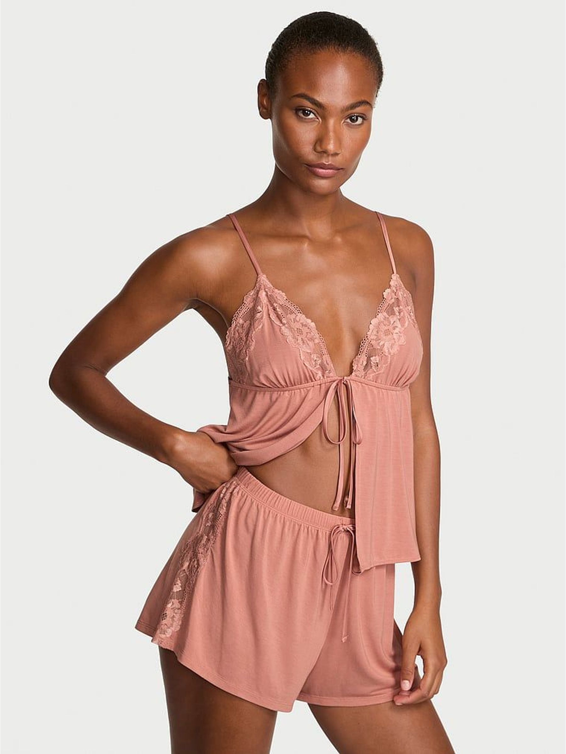 Desert Blush Brown Modal Lace Flyaway Cami Set (H47994) | €58