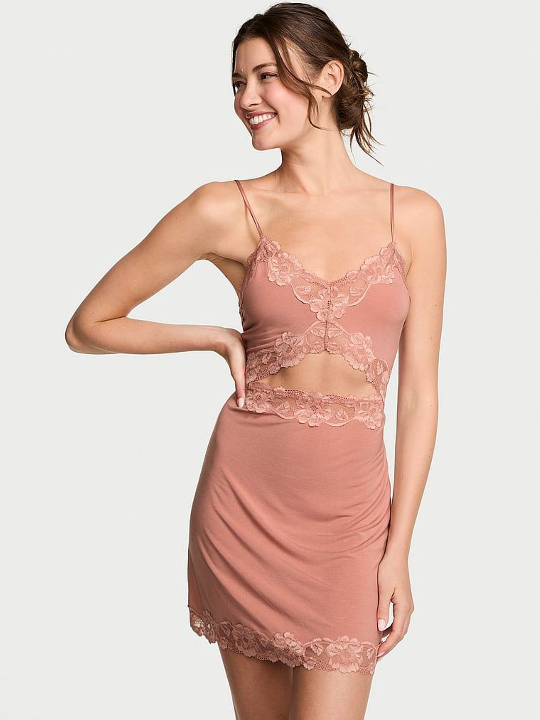 Desert Blush Brown Mini Modal Lace Slip (H48003) | €62