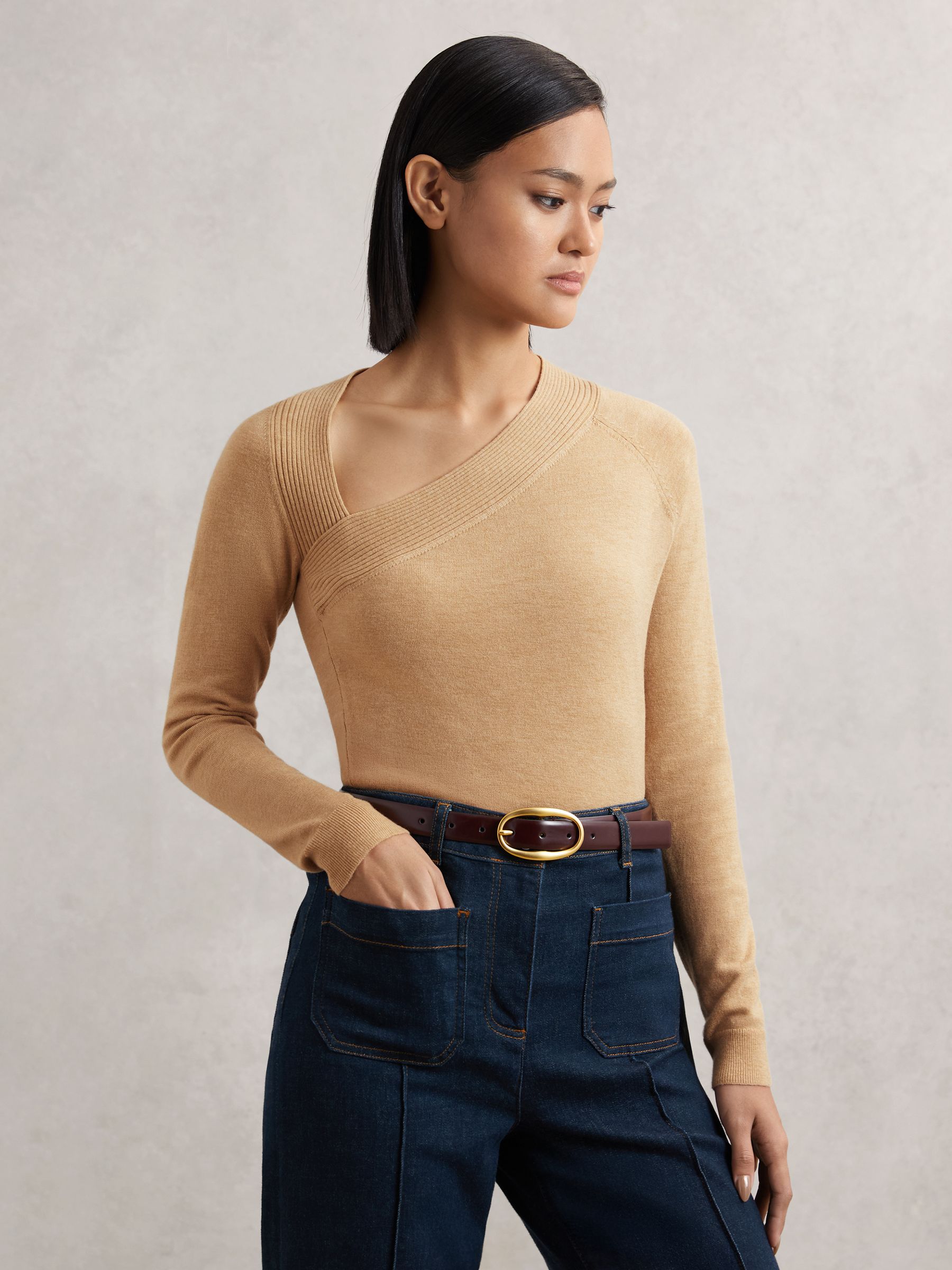Wool-Blend Asymmetric Knit Top in Camel (H48604) | SGD 225
