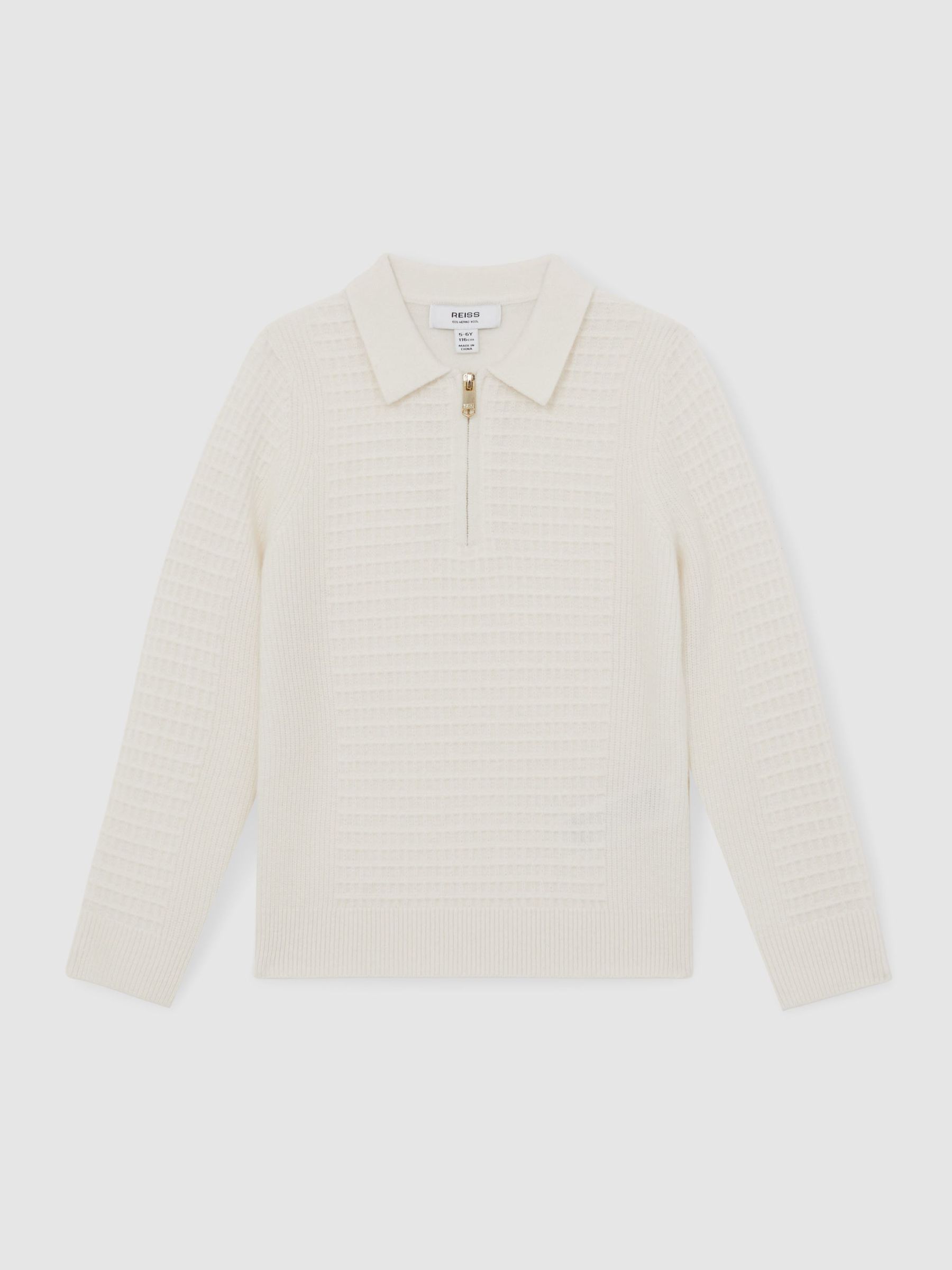 13-14 yrs Wool Waffle-Knit Half-Zip Polo Shirt in Off White (H48606) | ₪280