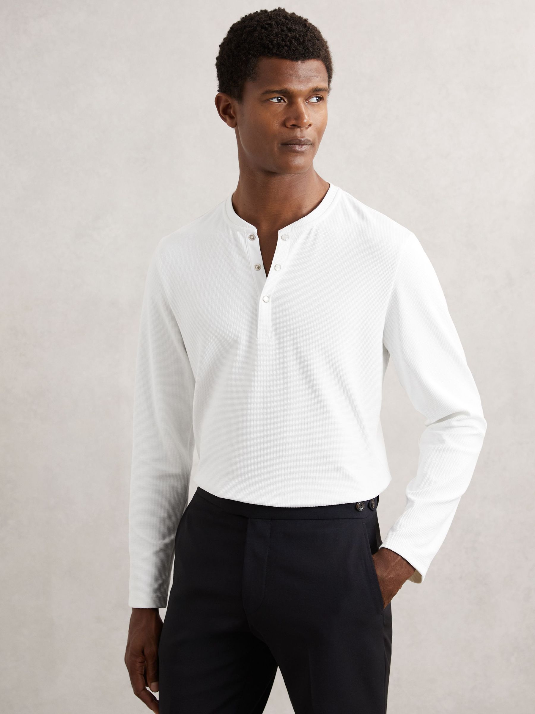 Textured Grandad-Collar Henley Shirt in White (H48608) | CA$215