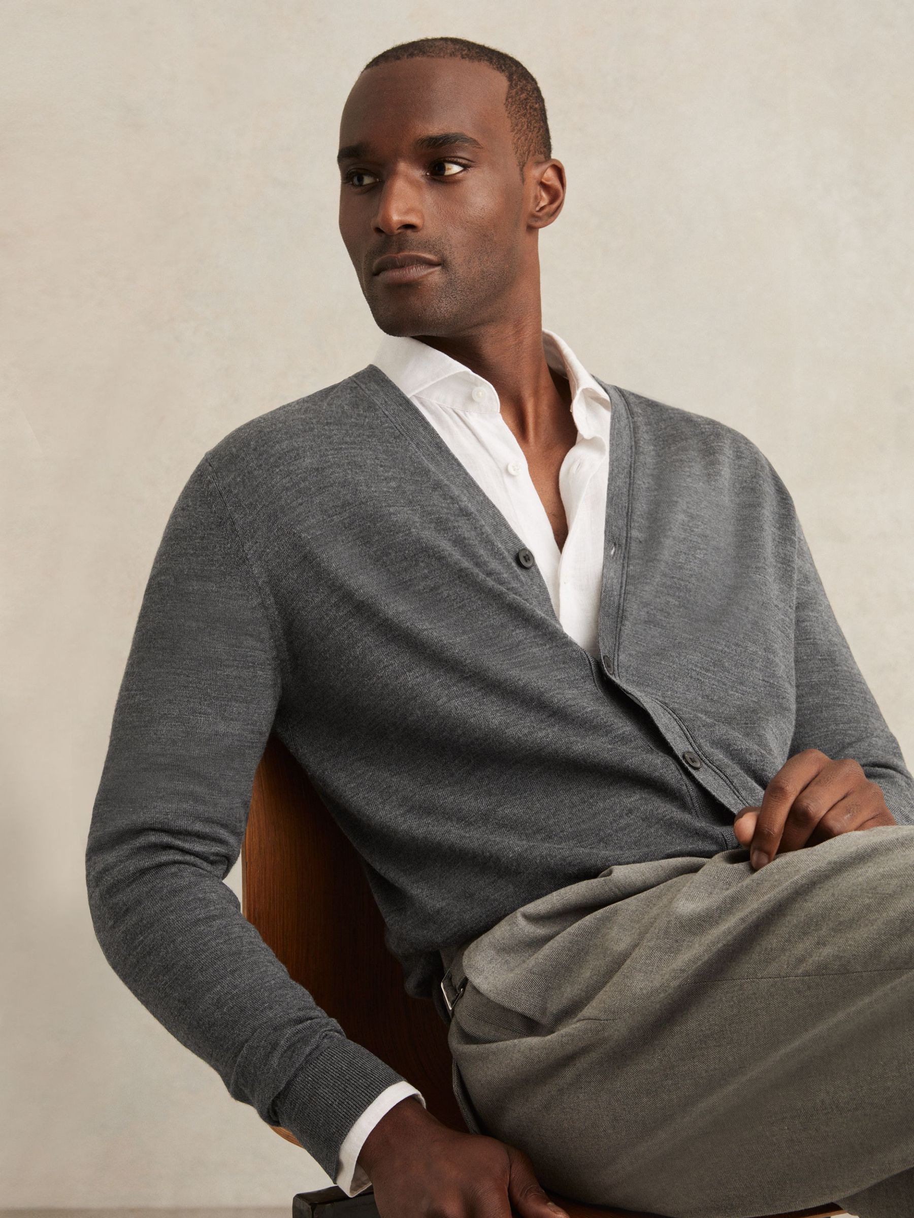 Merino Wool Button-Through Cardigan in Derby Grey Melange (H48612) | €130