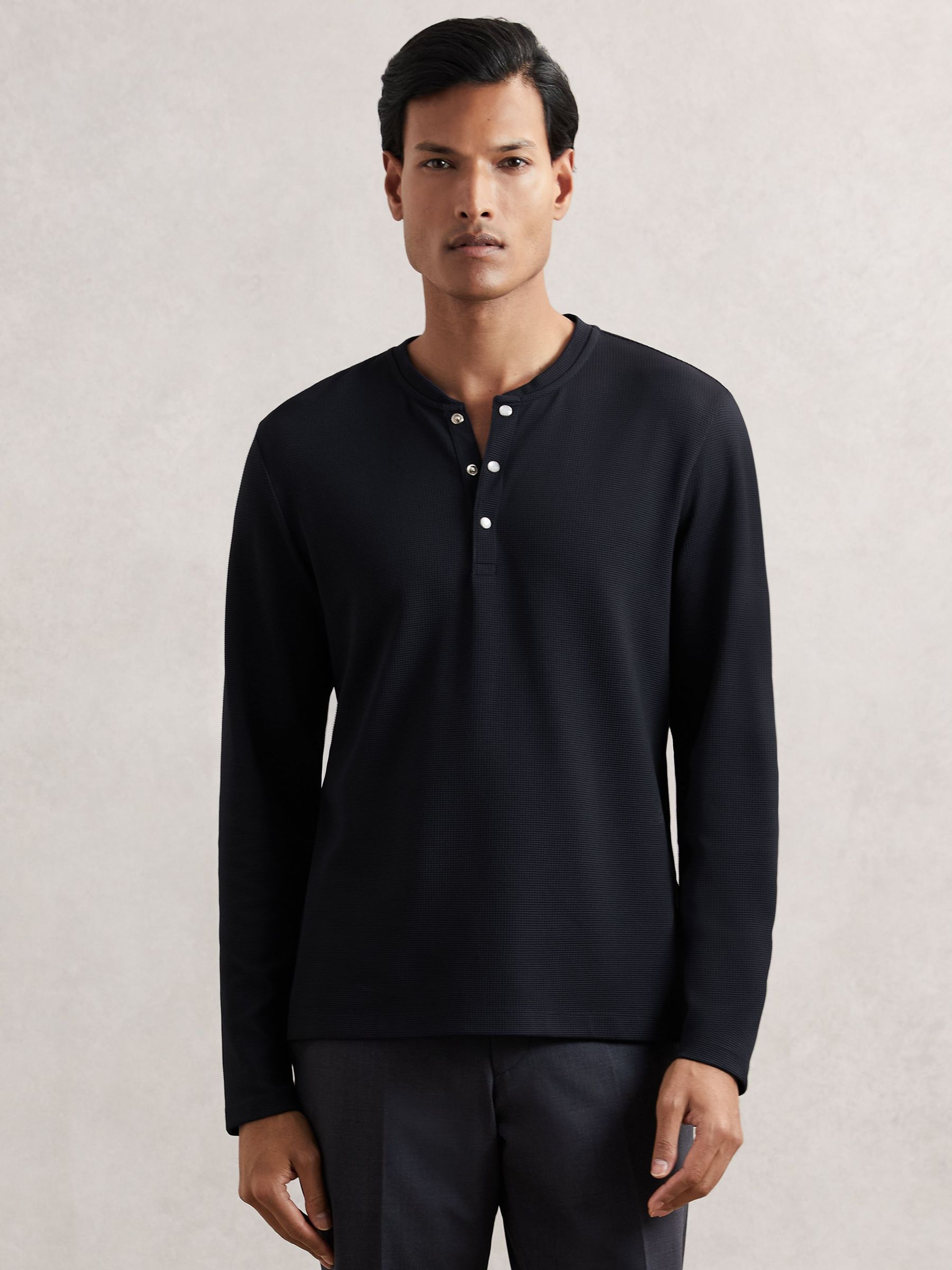 Textured Grandad-Collar Henley Shirt in Navy (H48615) | CA$215