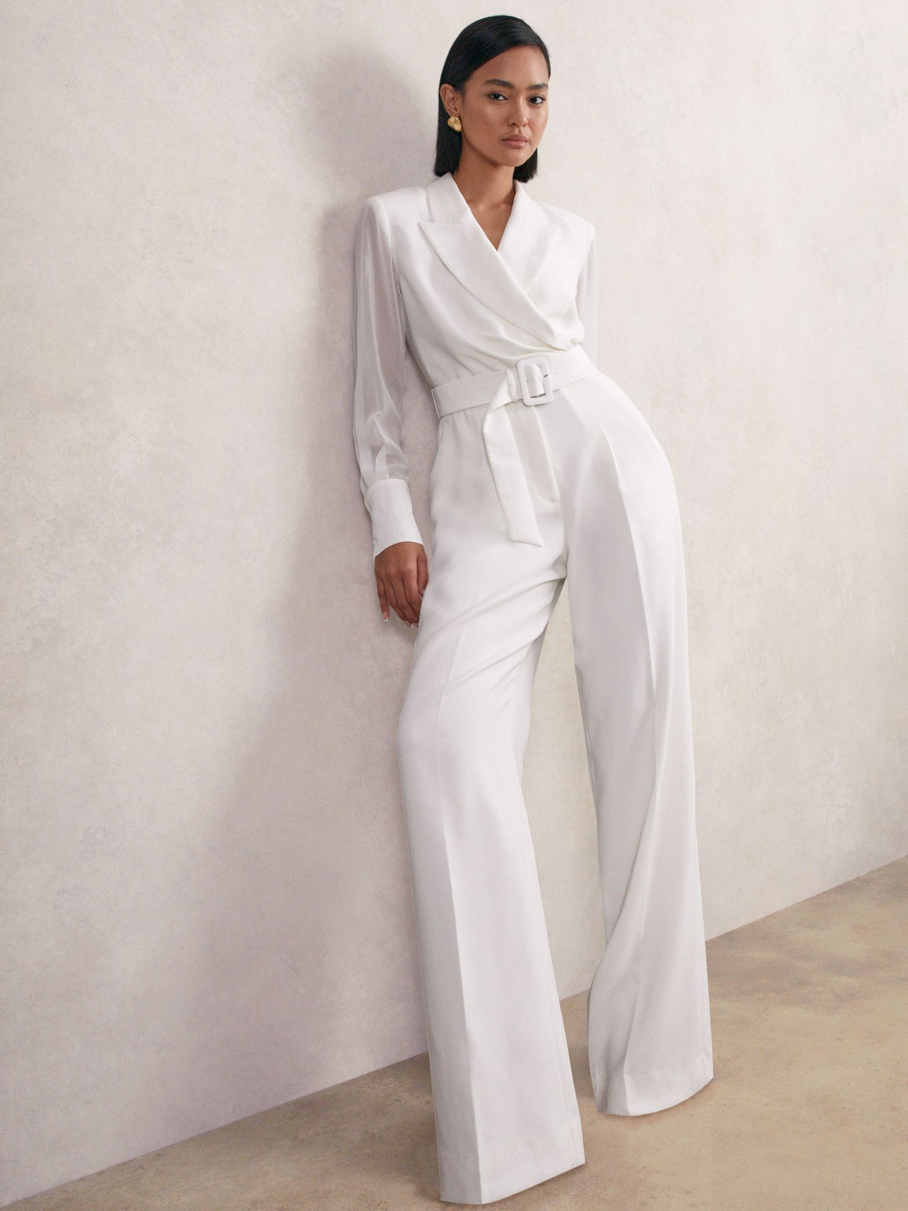 Sheer-Sleeve Wide-Leg Tuxedo Jumpsuit in Ivory (H48620) | 1,490 SAR