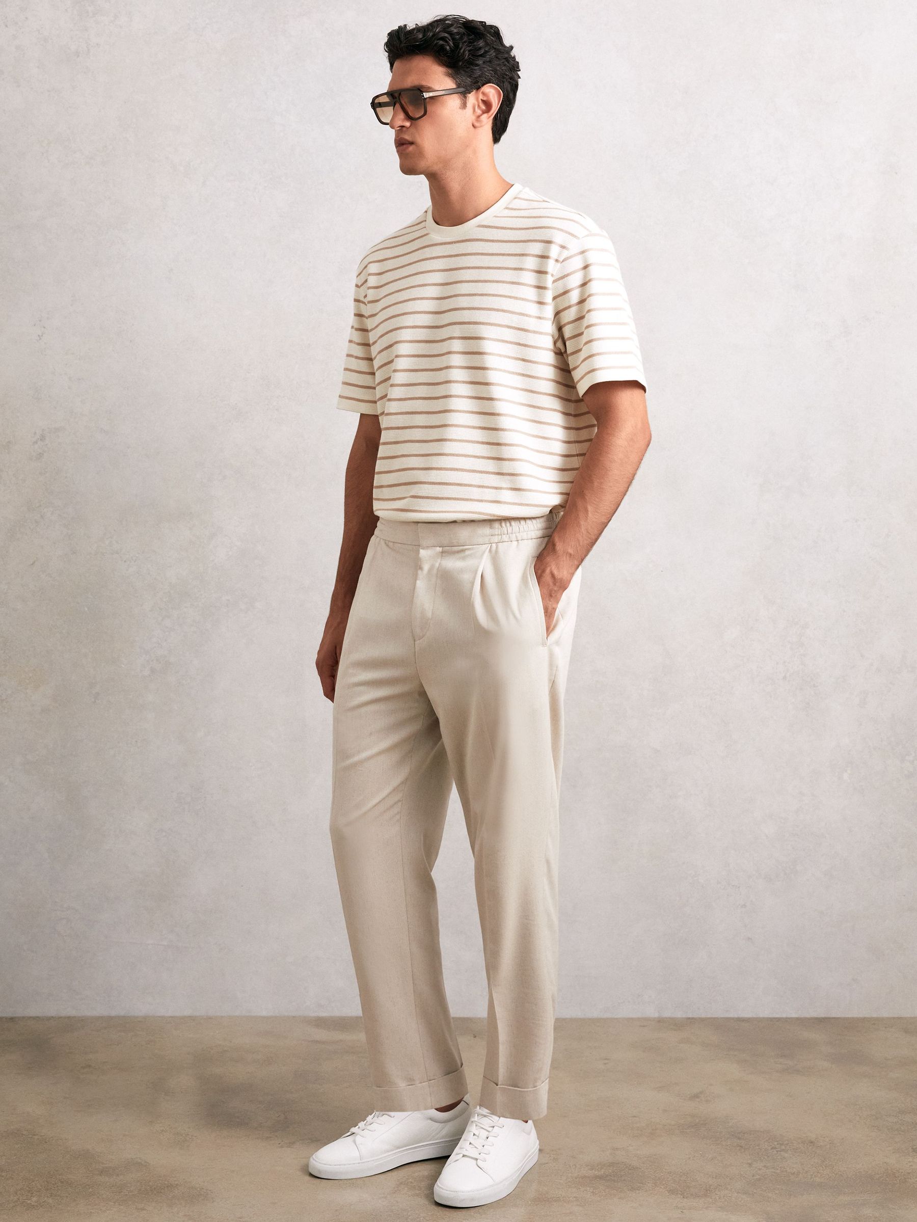 Cotton Textured Stripe T-Shirt in Oatmeal/White (H48771) | 370 QAR