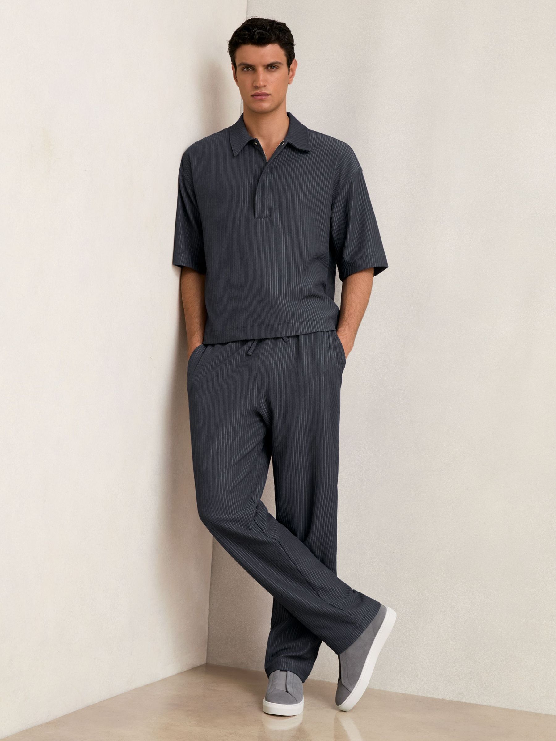 Textured Stripe Drawstring Trousers in Petrol Blue (H48772) | €140