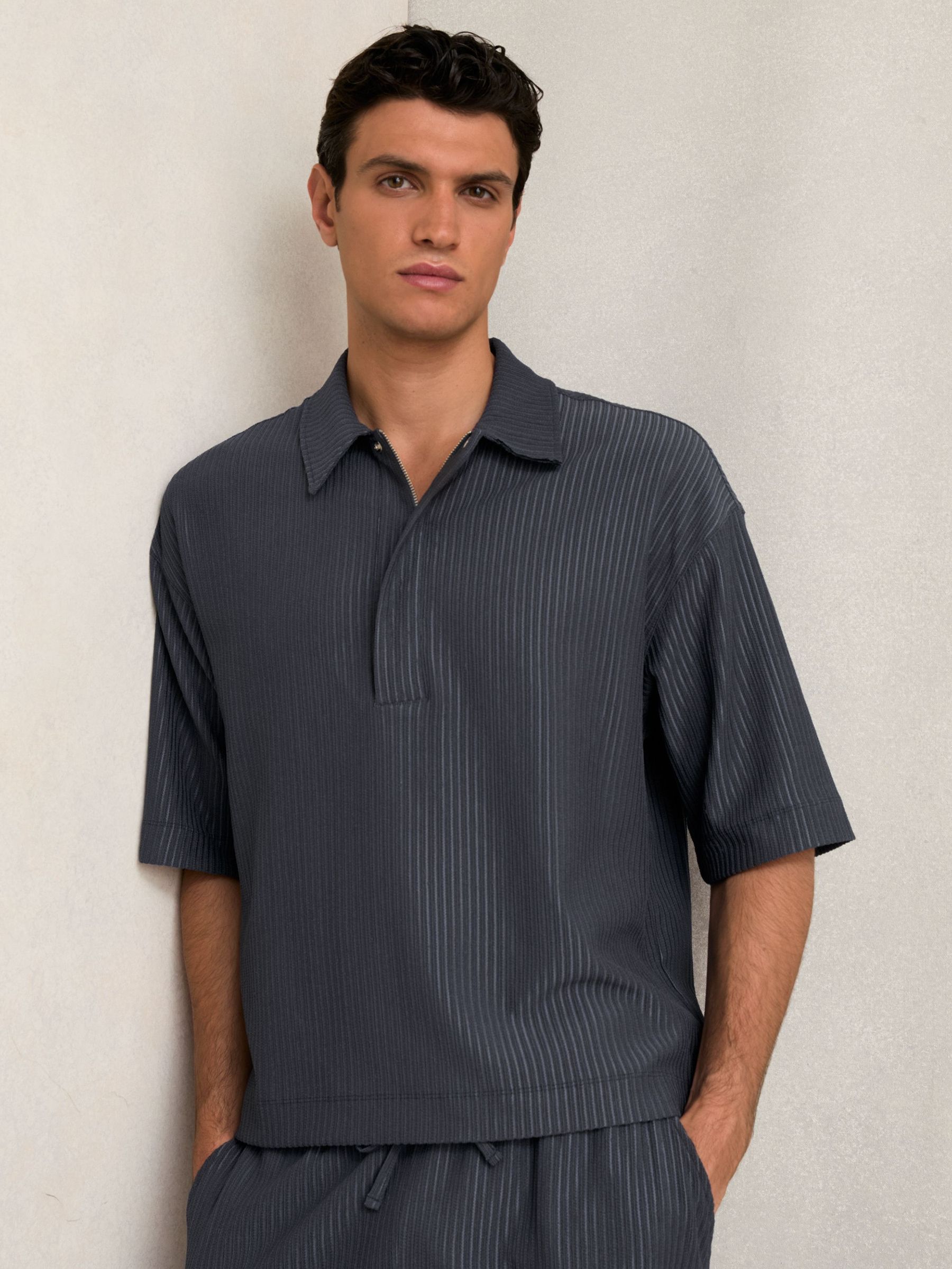 Oversized Textured Stripe Polo Shirt in Petrol Blue (H48775) | CA$113