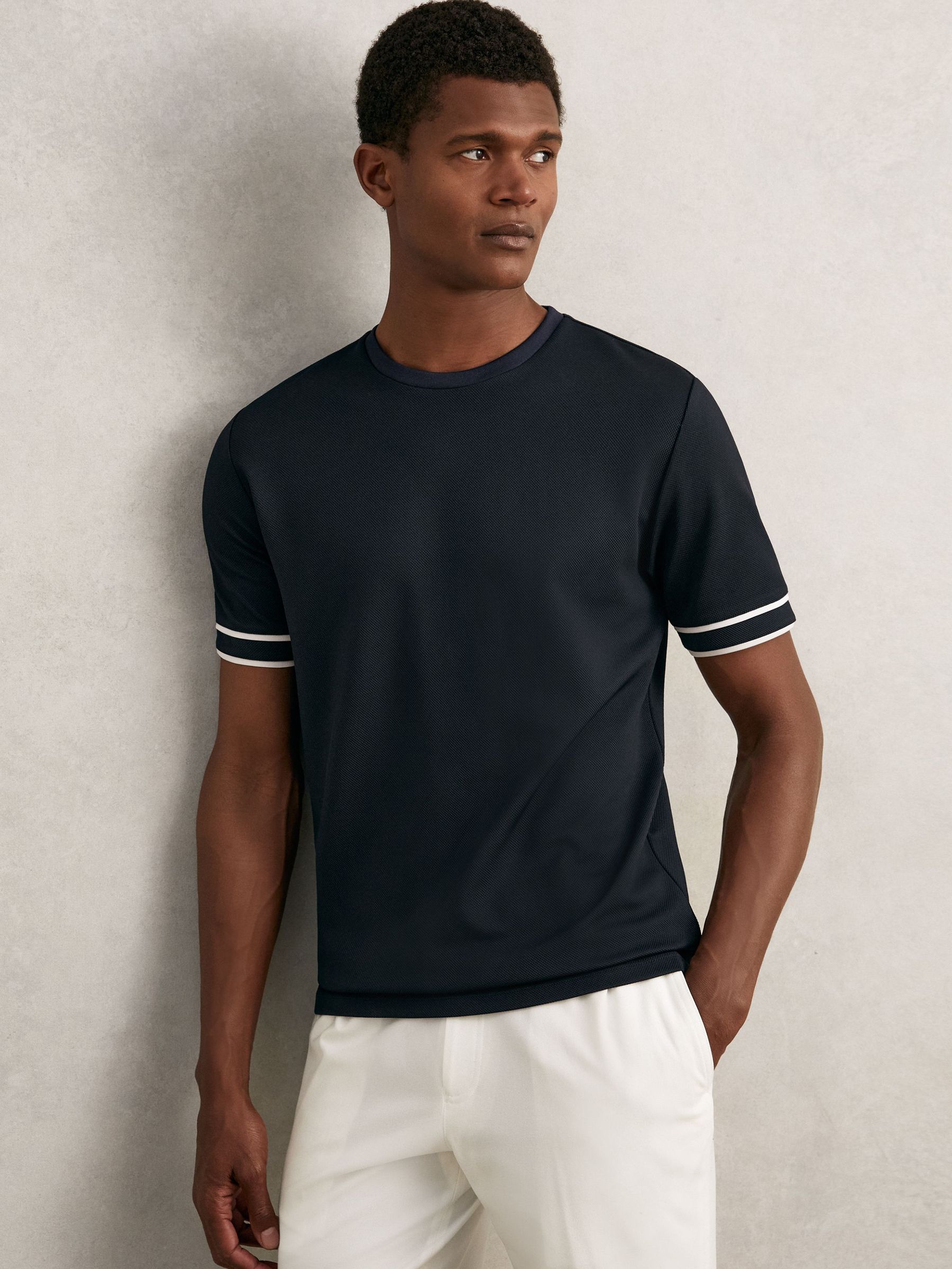 Textured Crew-Neck Tipped T-Shirt in Navy Blue (H48777) | US$110