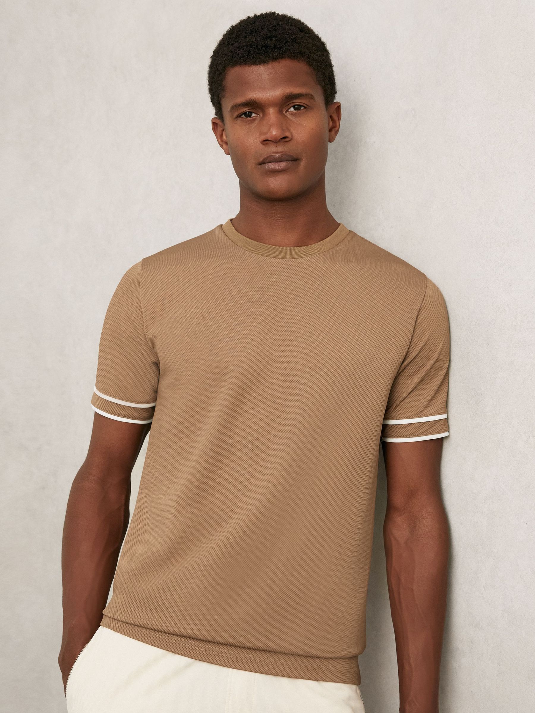 Textured Crew-Neck Tipped T-Shirt in Camel Brown (H49042) | US$110