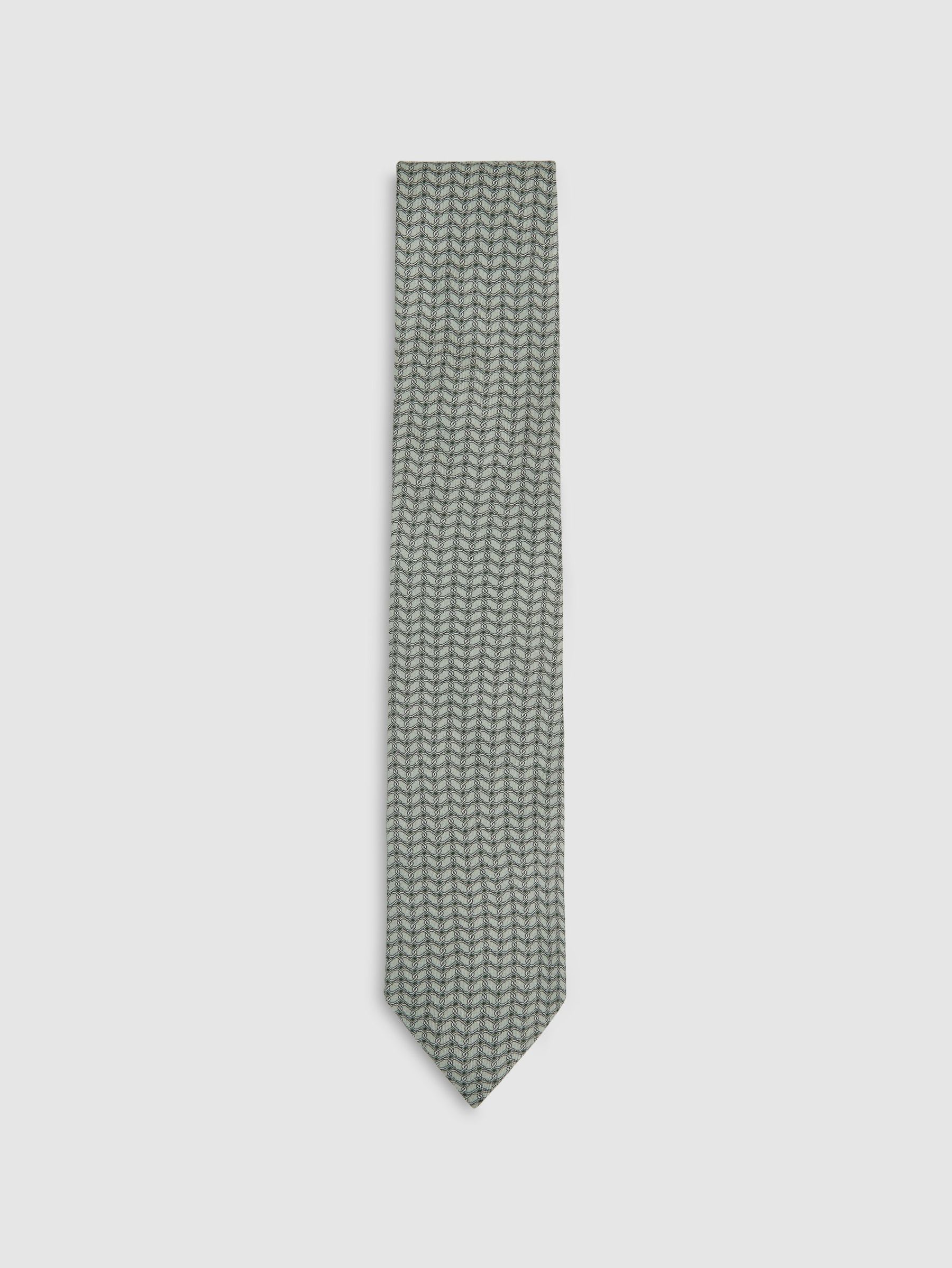 Silk Geometric-Chain Print Tie in Sage (H49050) | 410 SAR