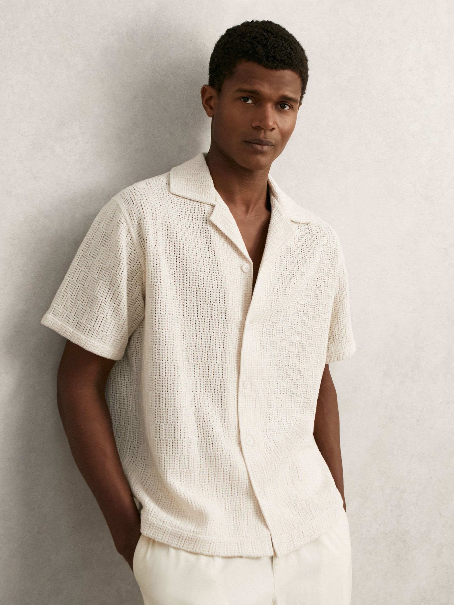 Cotton-Blend Crochet Shirt in Off White (H49058) | 765 QAR