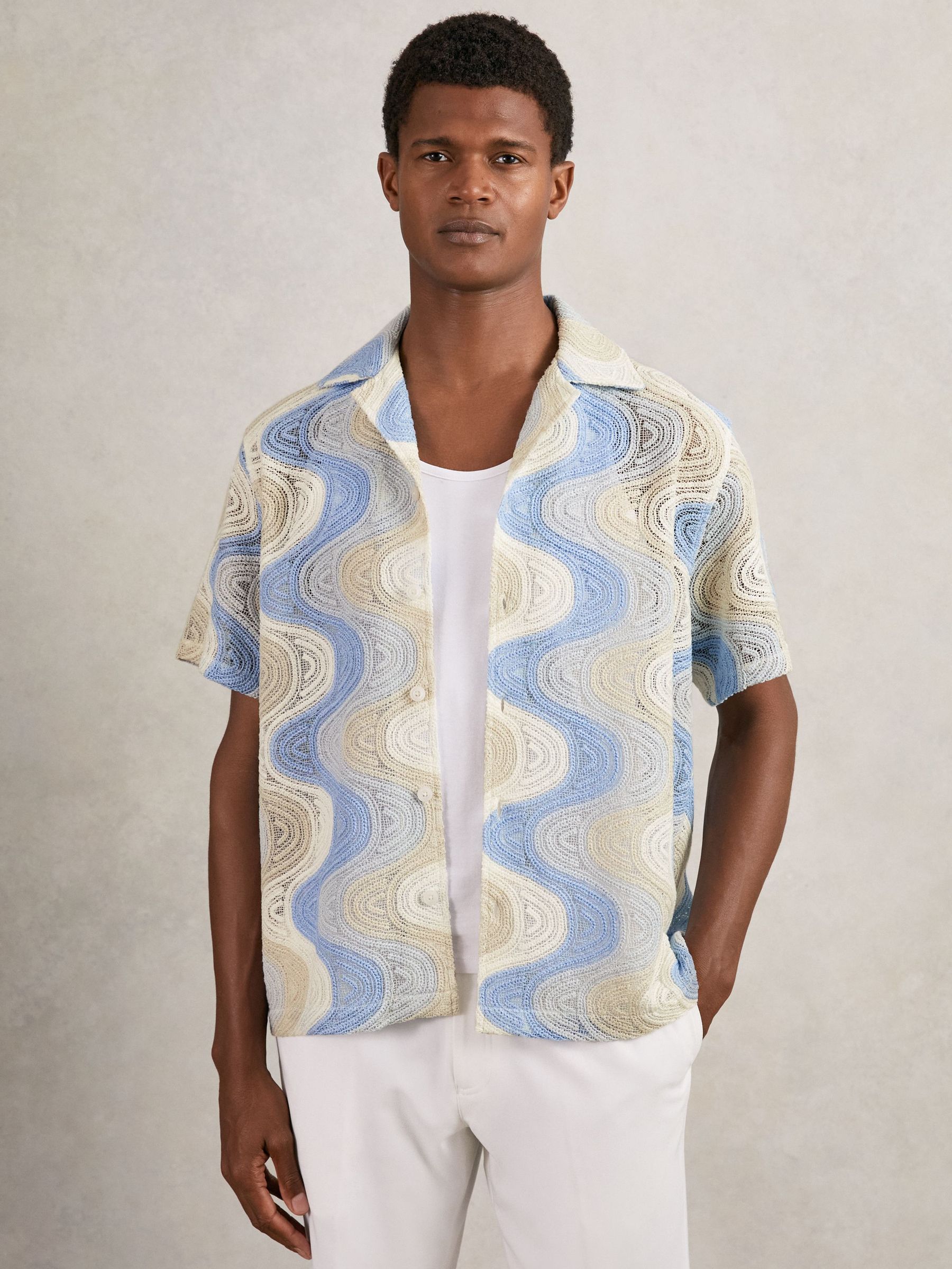 Wave Crochet Cuban Collar Shirt in Blue Multi (H49059) | 205 €