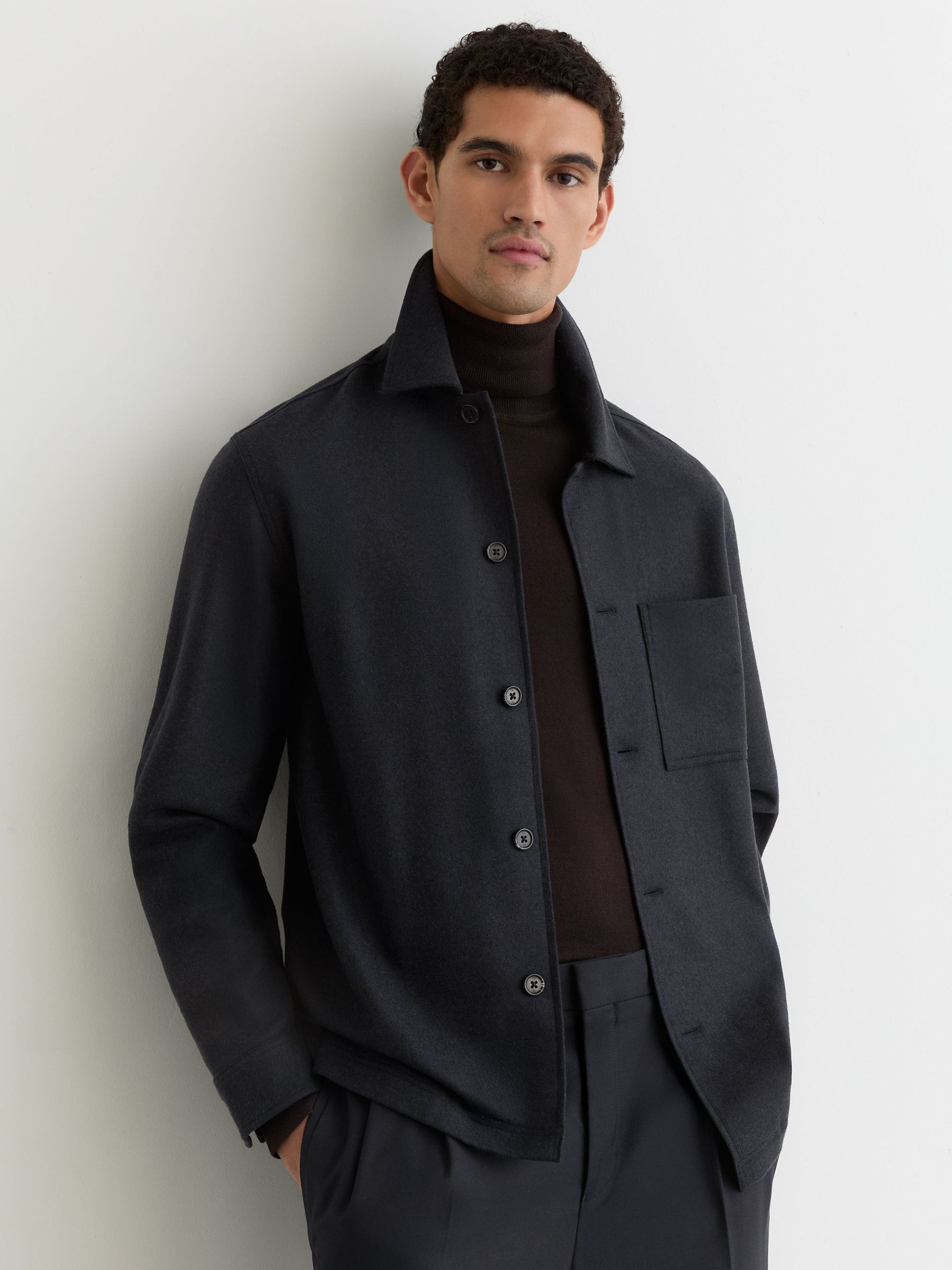 Wool-Blend Patch-Pocket Overshirt in Navy (H49674) | $250